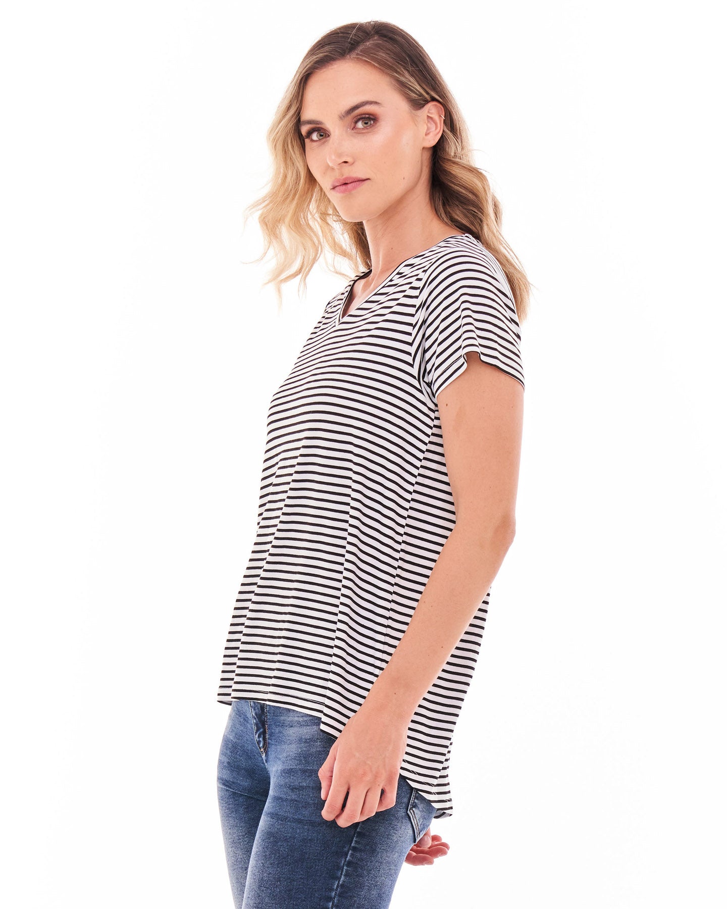 Matilda V-Neck Relaxed Draped Basic Tee - Noir Stripe