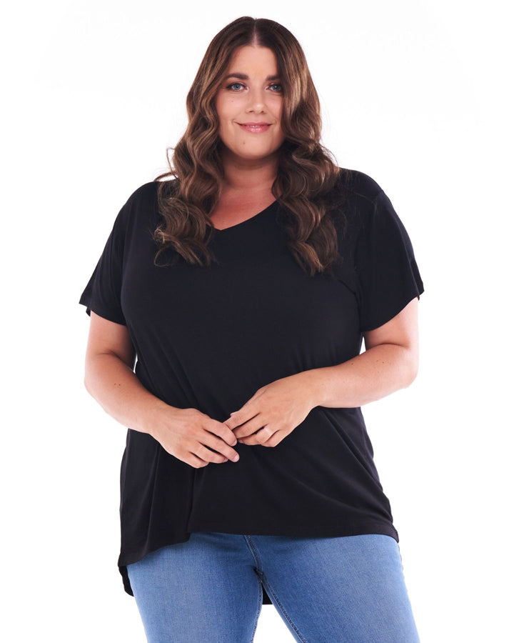 Matilda V-Neck Relaxed Draped Basic Tee - Black