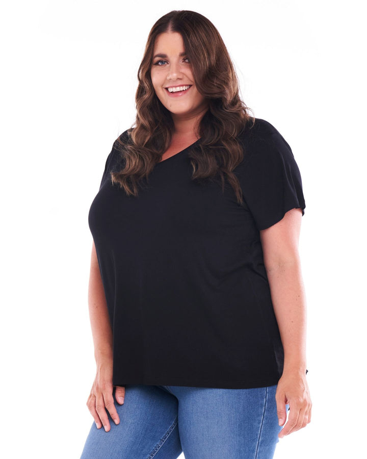 Matilda V-Neck Relaxed Draped Basic Tee - Black