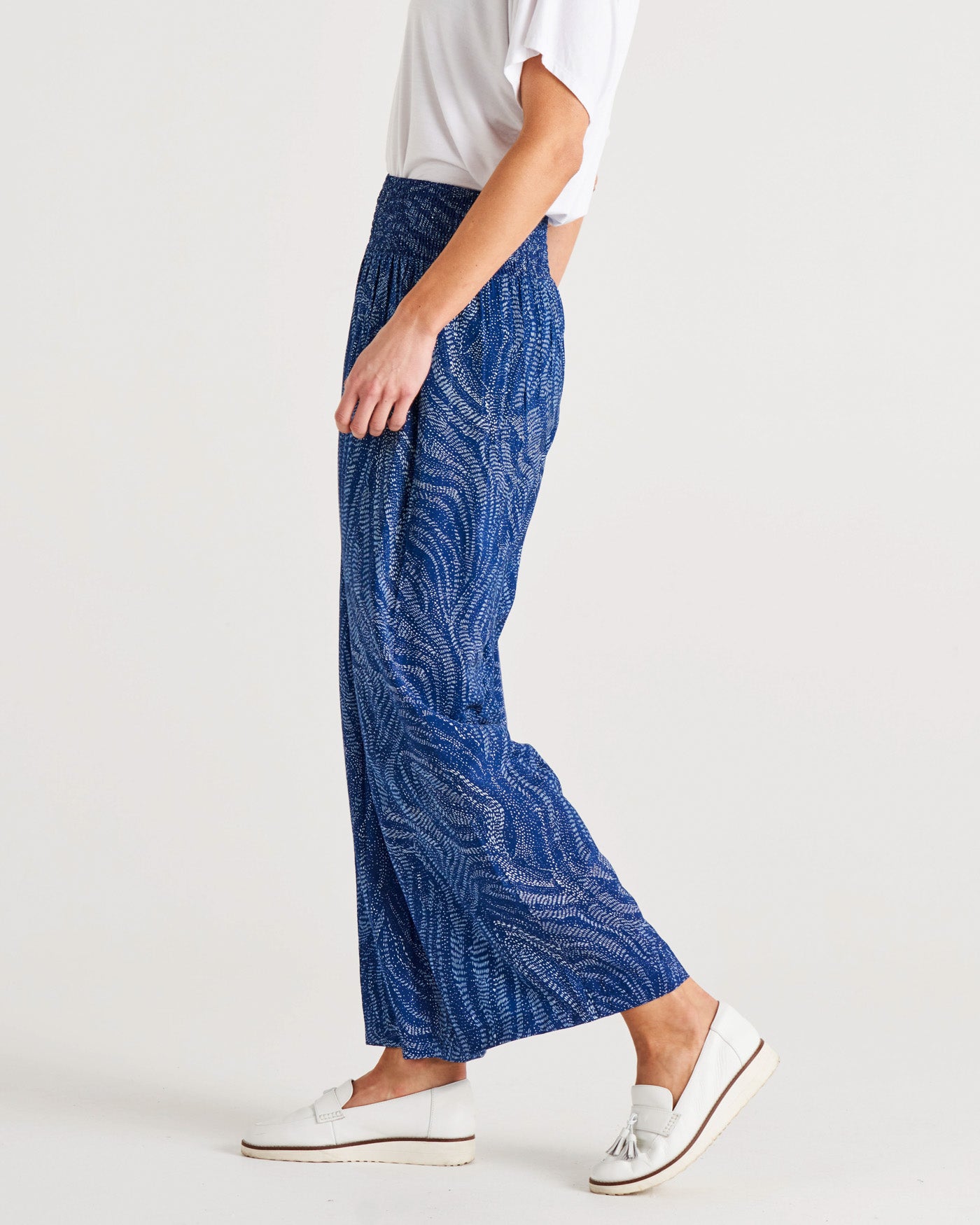 Justine High Waist Elastic Waistband Palazzo Pant - Blue Print