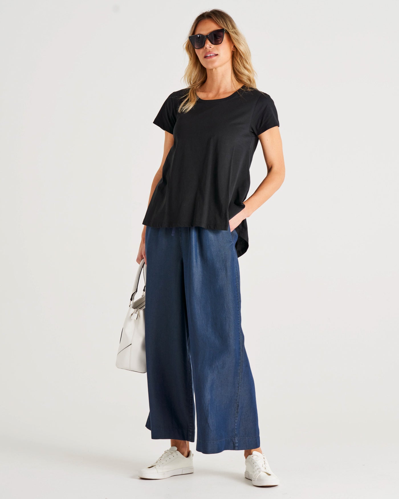 Calista Elastic Waist Wide Leg Palazzo Pant - Dark Blue Denim