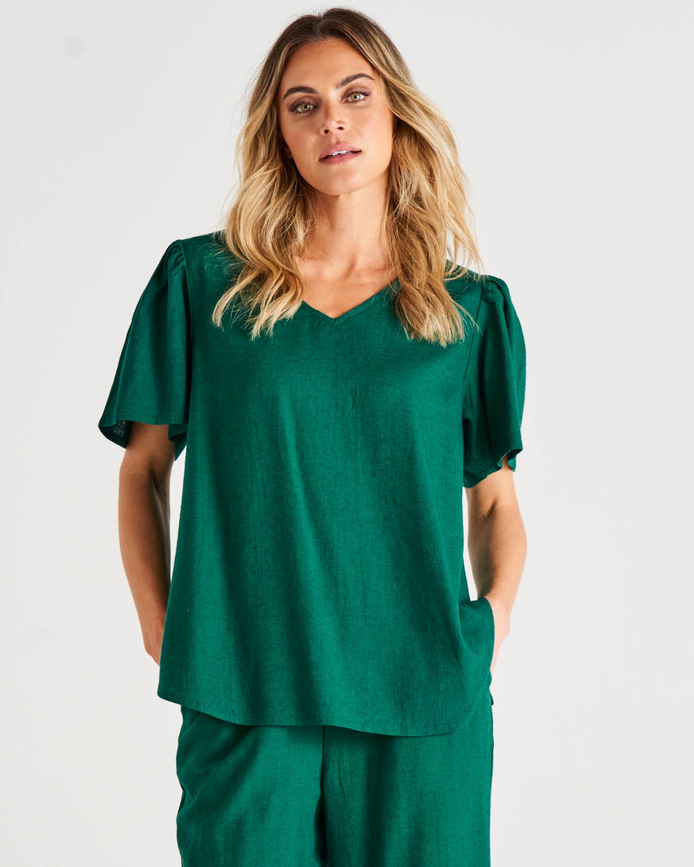 Marina Flutter Sleeve Linen Blouse - Hunter Green