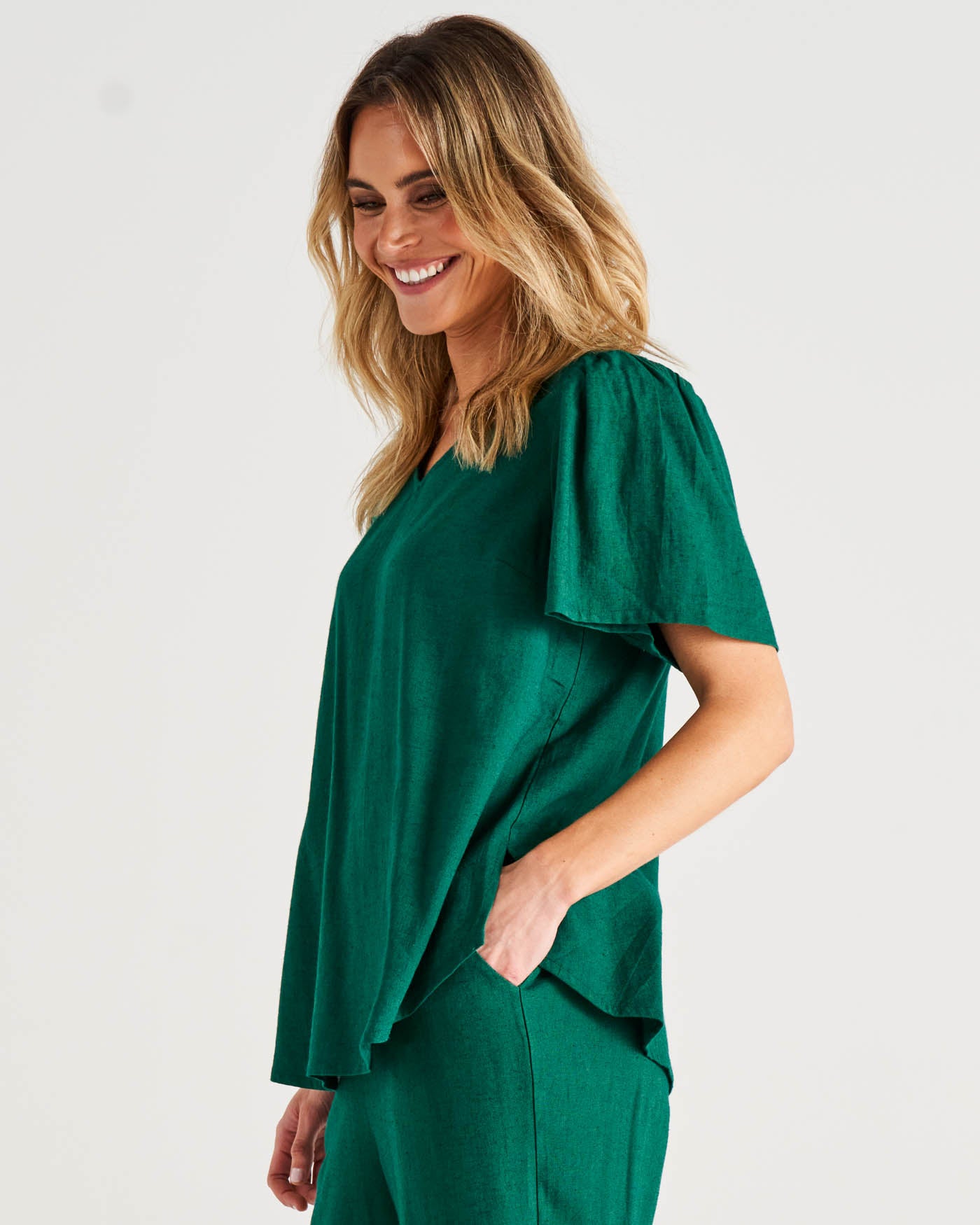 Marina Flutter Sleeve Linen Blouse - Hunter Green