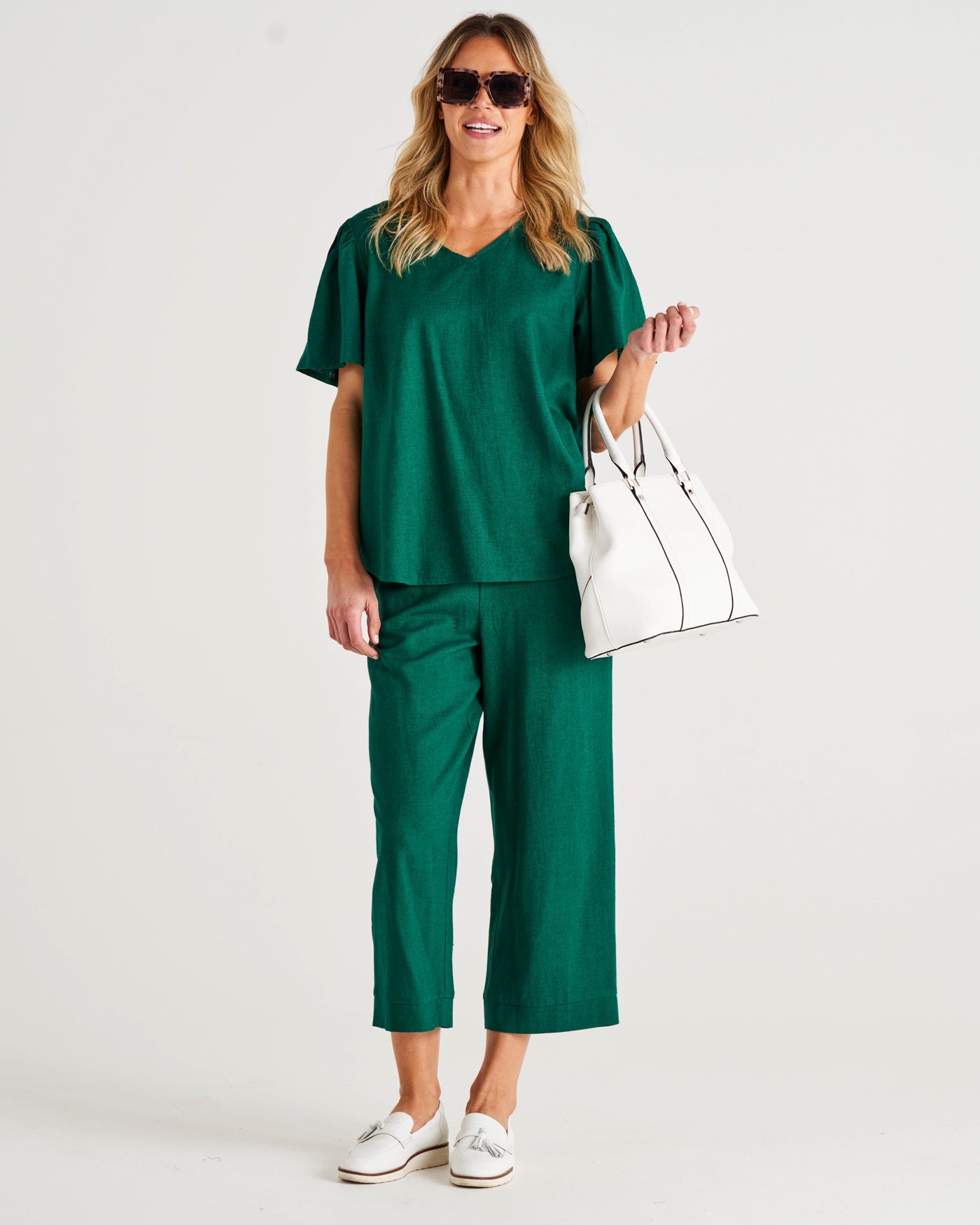 Parker Mid-High Rise Cropped Linen-Blend Pant - Hunter Green