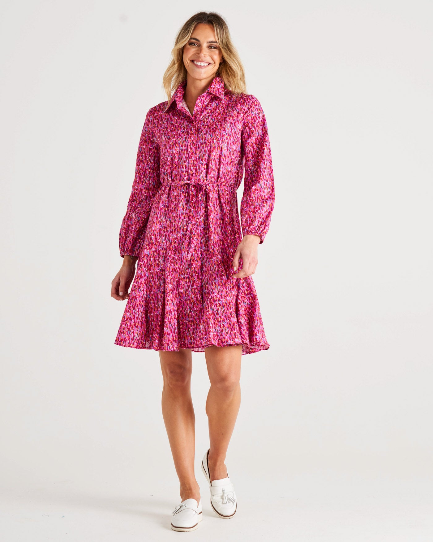 Jada Relaxed Fit Button Up Cotton Shirt Dress - Multi Colour Pink Print