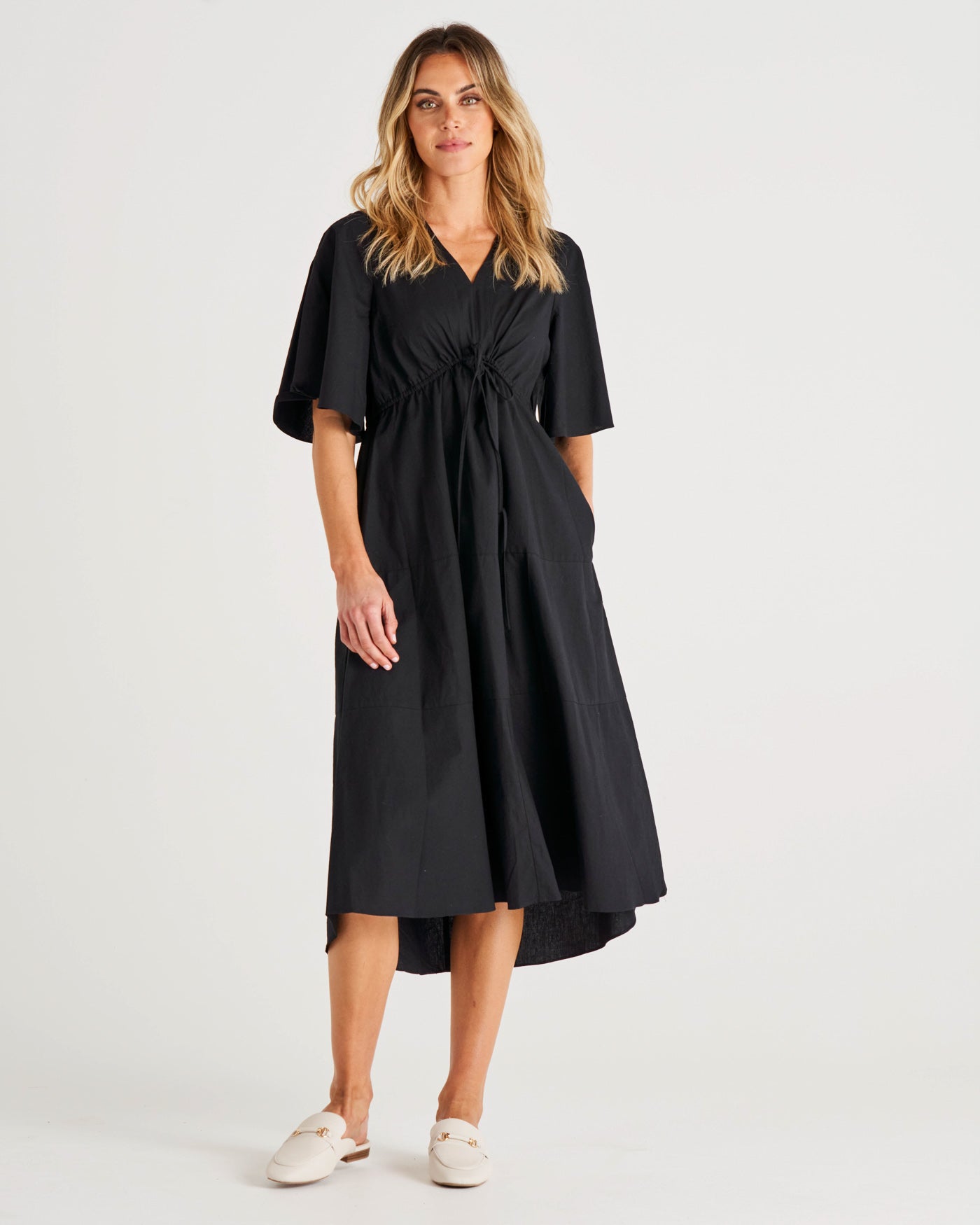 Cora Empire Waist Cotton Midi Dress - Black