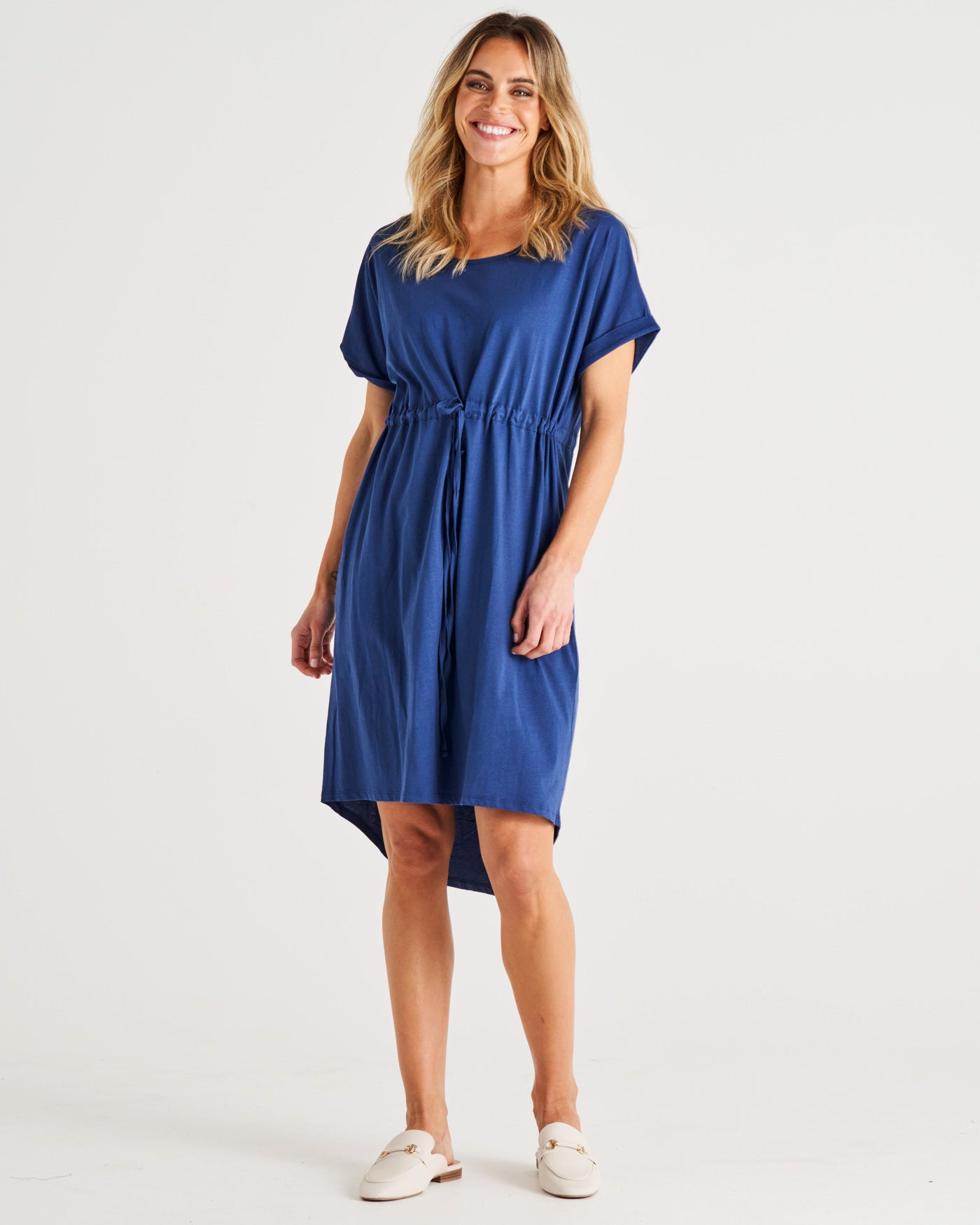 Liza Tie Waist Cotton Above Knee T-Shirt Dress - Navy