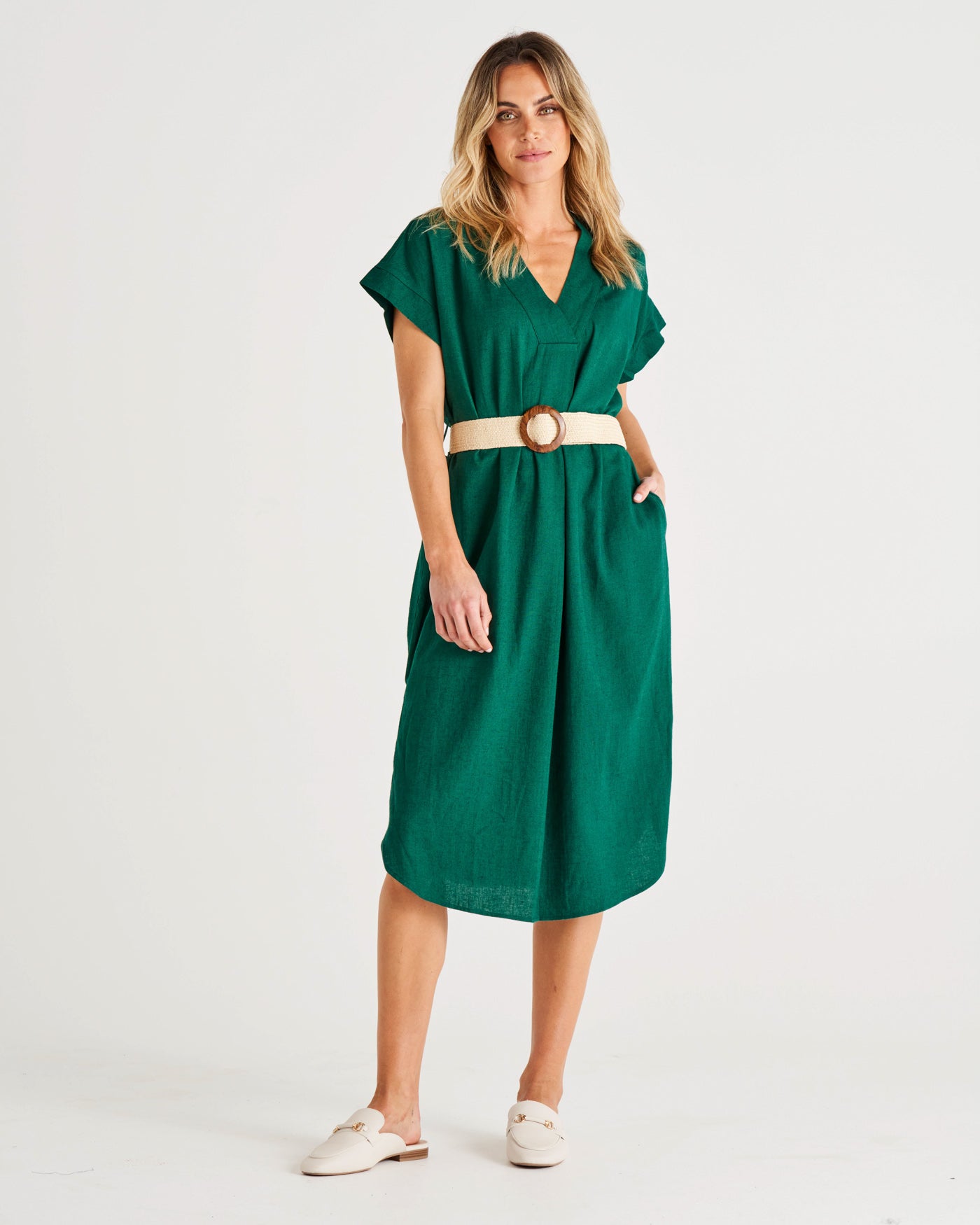 Roma V-Neck Relaxed Linen Midi Dress - Hunter Green