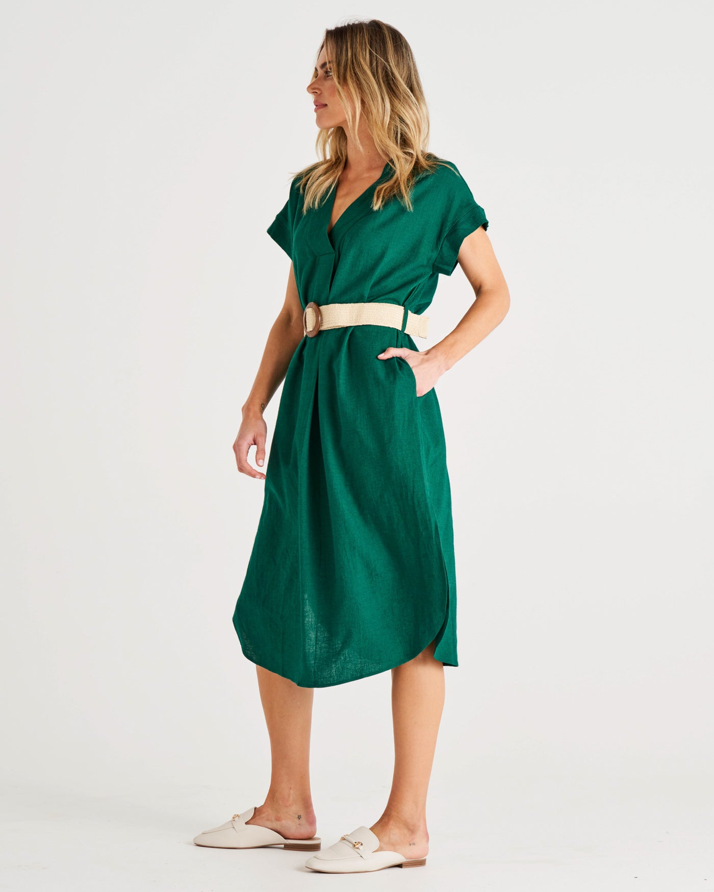 Roma V-Neck Relaxed Linen Midi Dress - Hunter Green