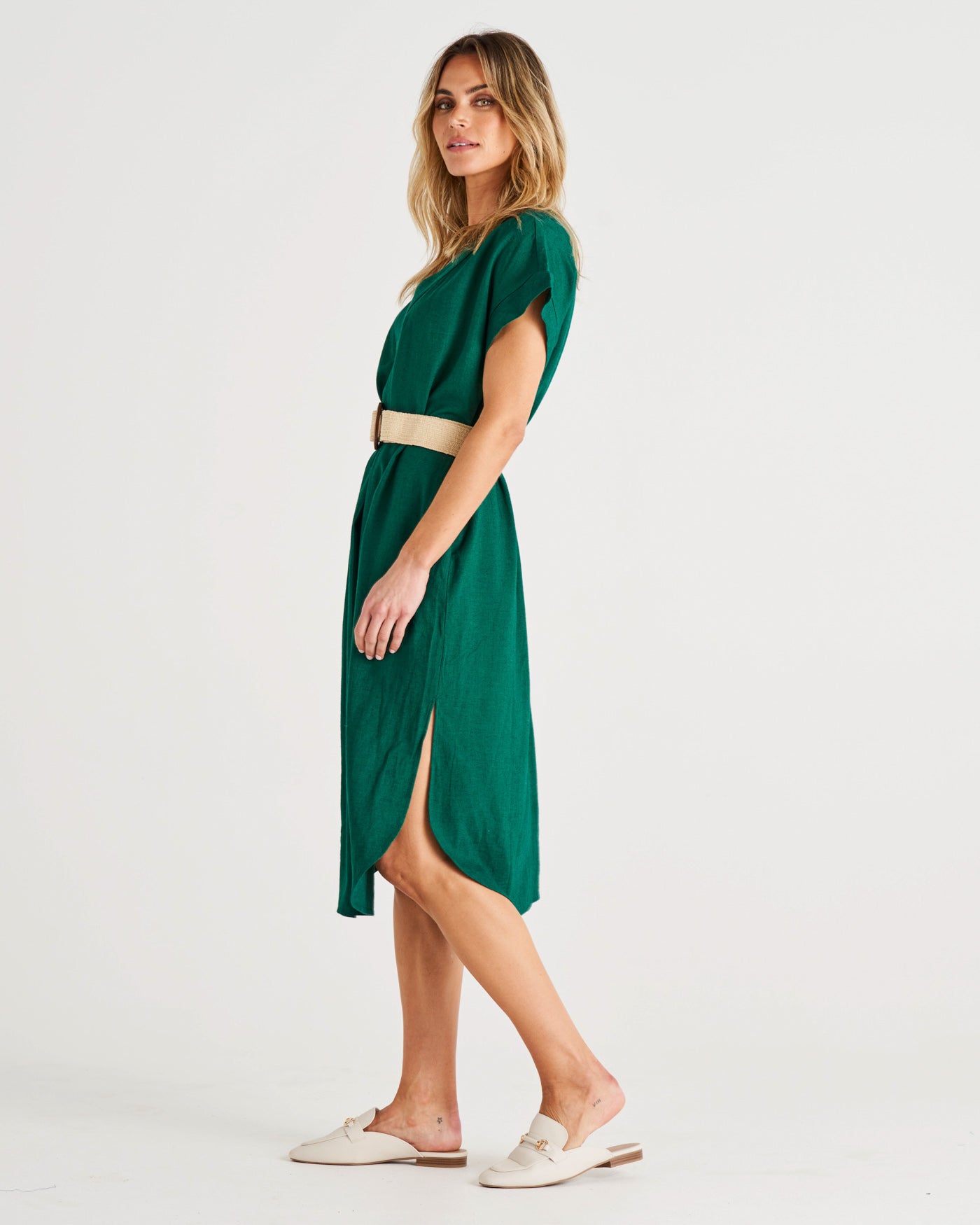 Roma V-Neck Relaxed Linen Midi Dress - Hunter Green