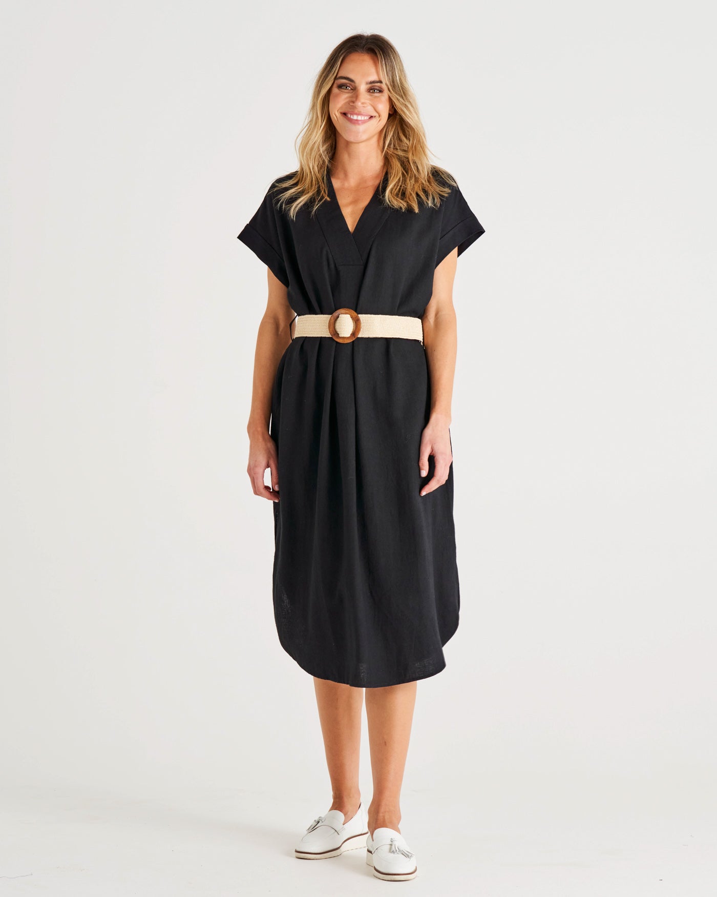 Roma V-Neck Relaxed Linen Midi Dress - Black