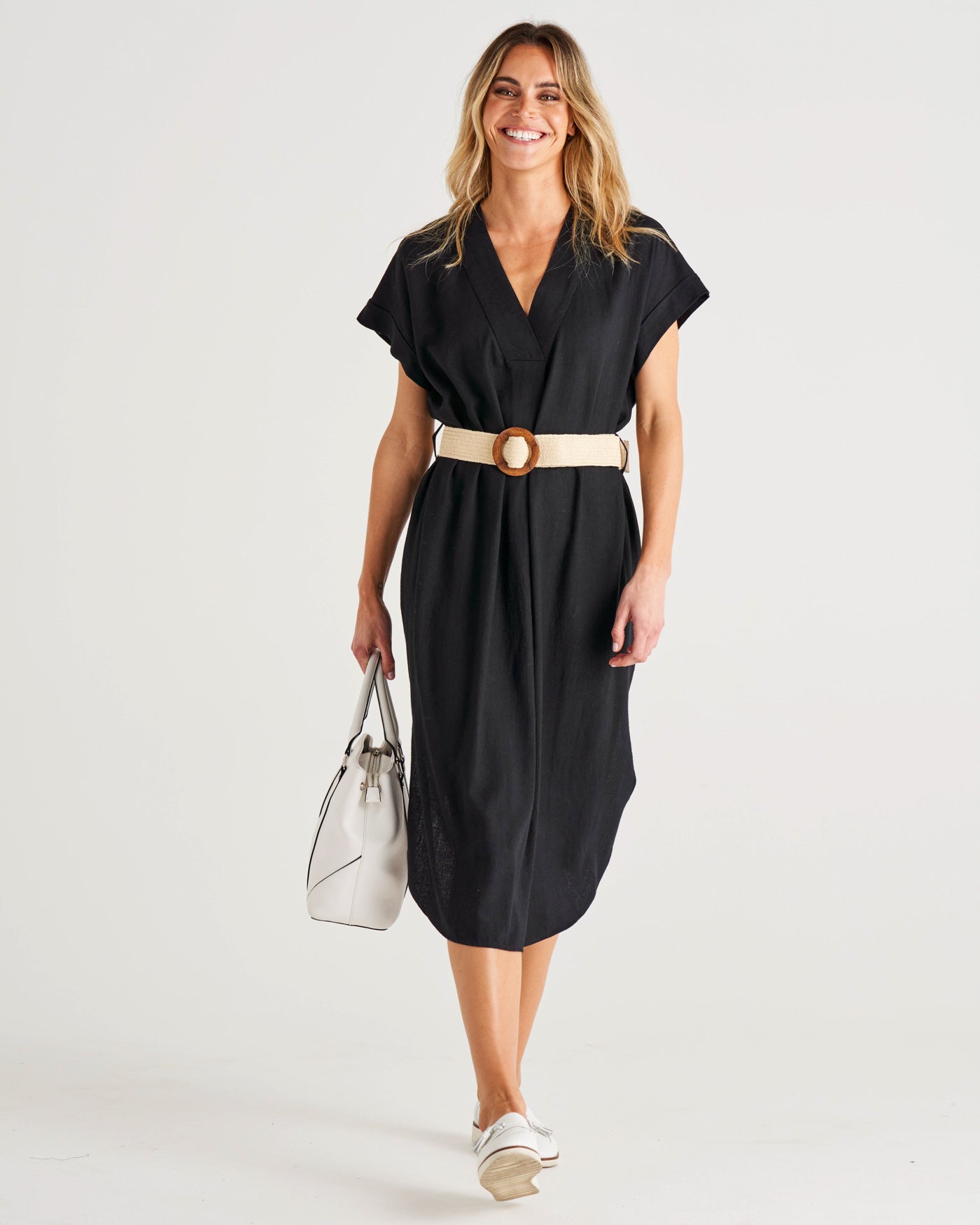 Roma V-Neck Relaxed Linen Midi Dress - Black