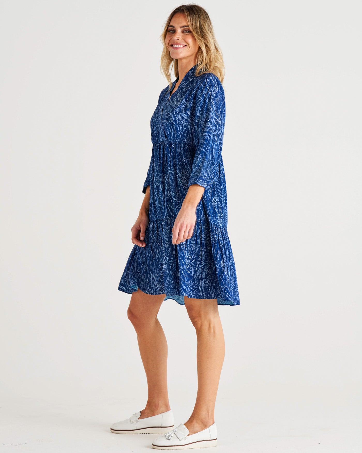 Georgiana 3/4 Sleeve Tiered Dress - Blue Print