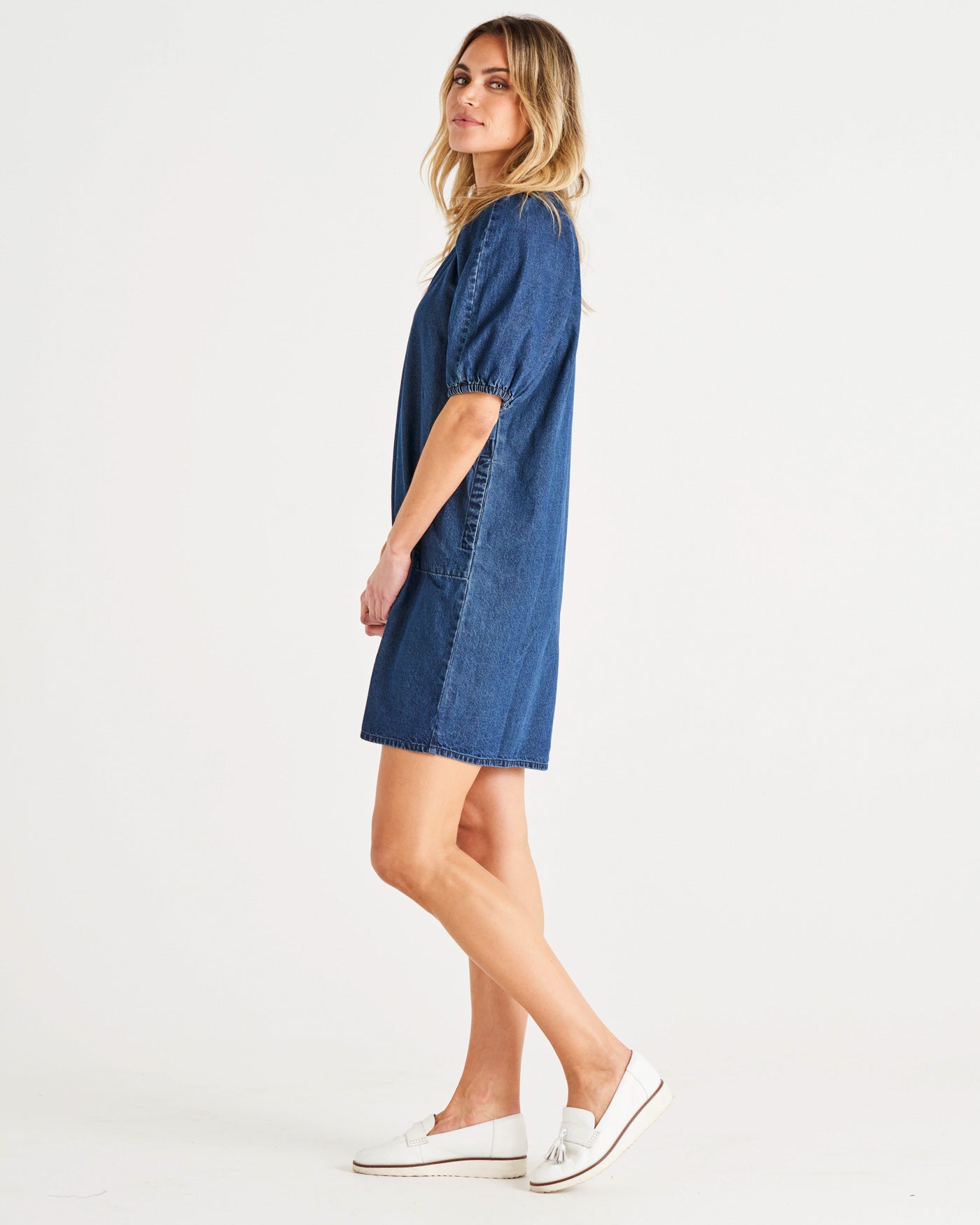 Mahalo Puff Sleeve Denim Mini Dress - Blue Wash