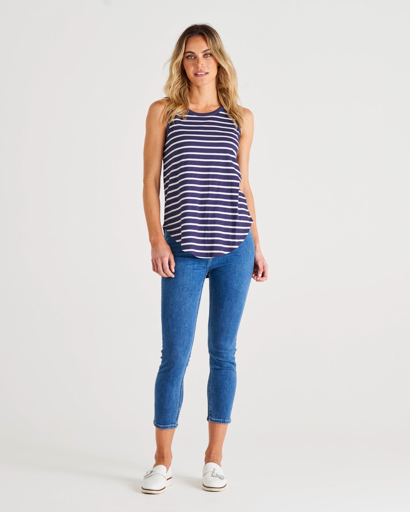 Keira Relaxed Scoop Neck Cotton Basic Tank - Dark Blue Stripe