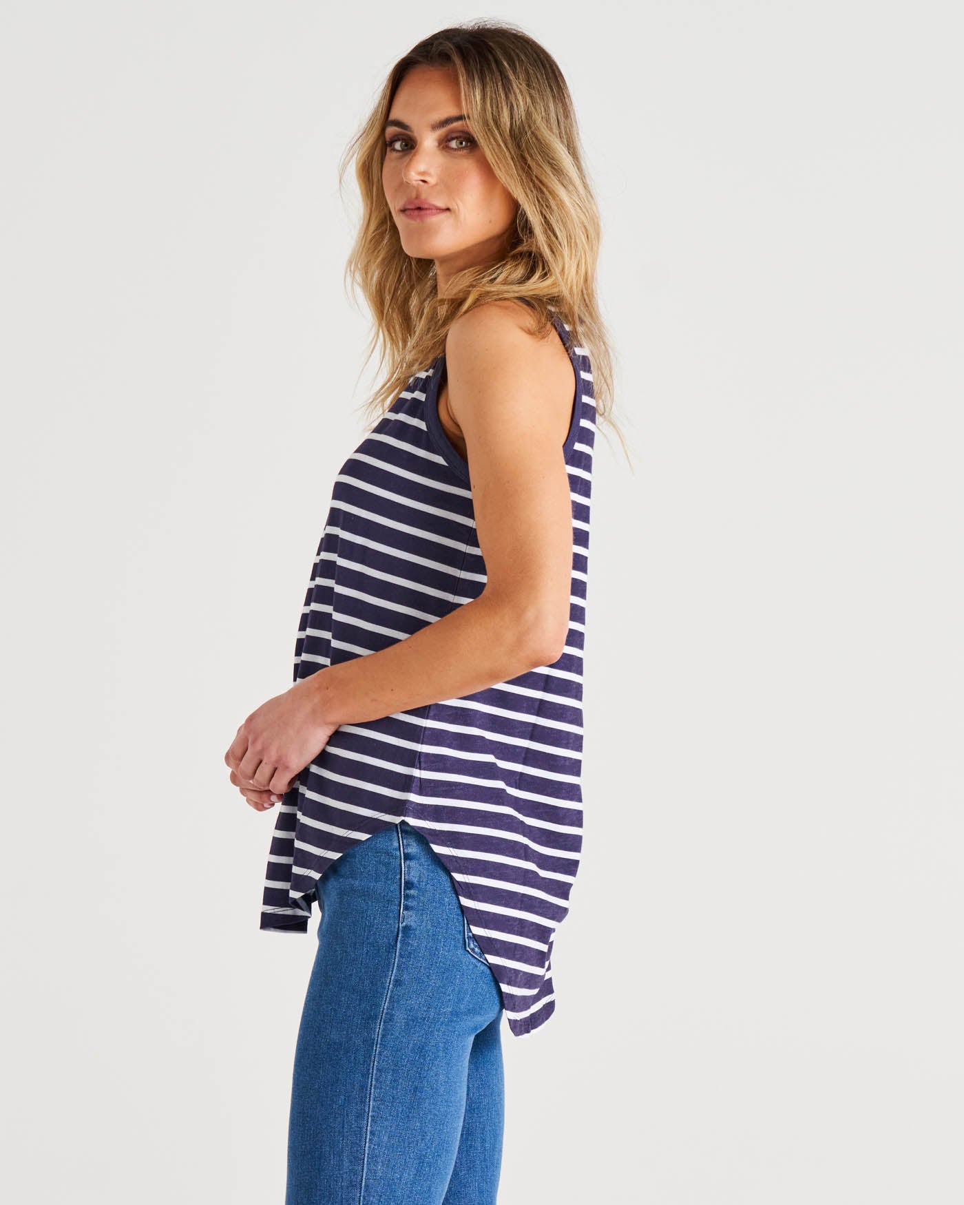 Keira Relaxed Scoop Neck Cotton Basic Tank - Dark Blue Stripe