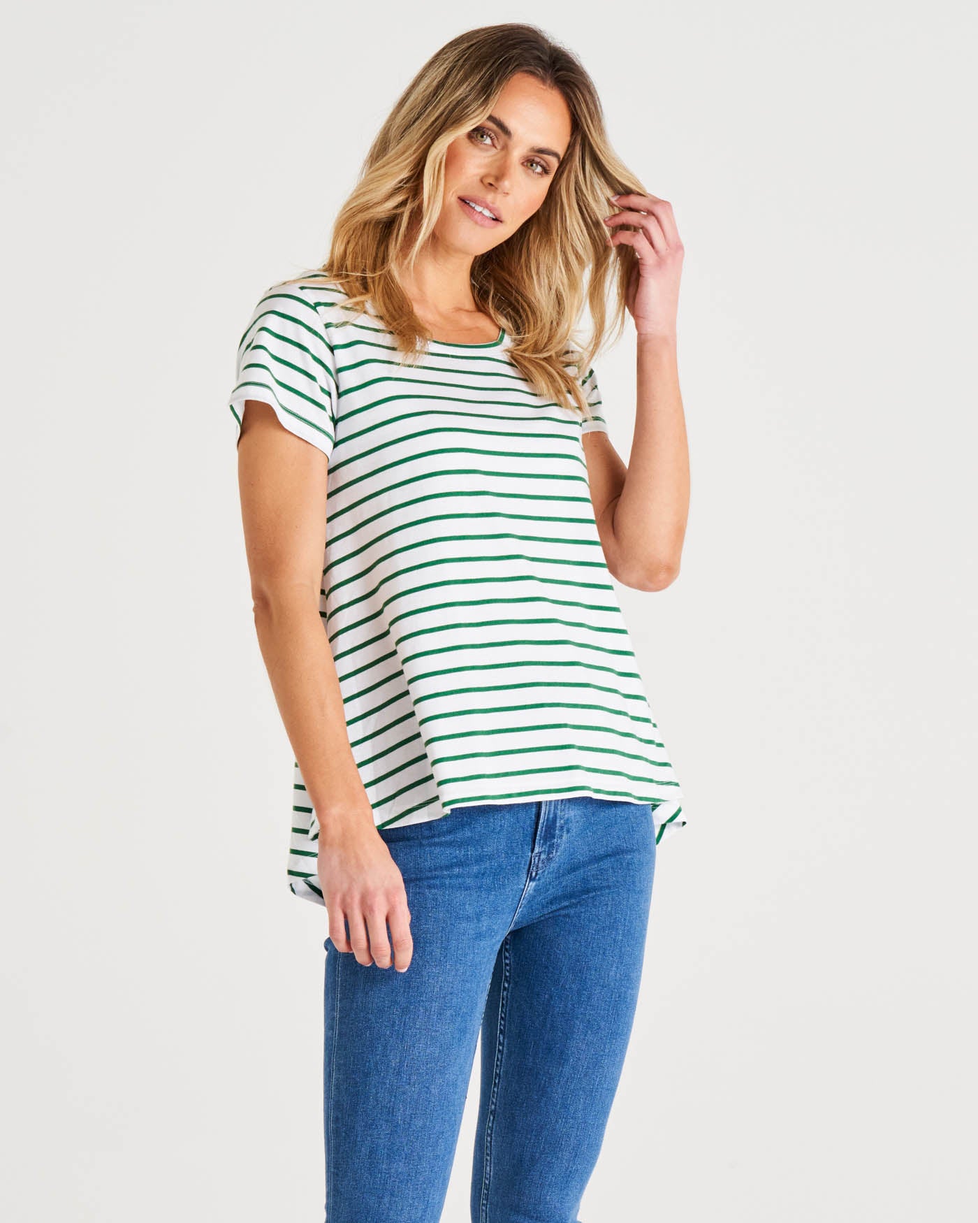 Tegan Relaxed Fit Swing Basic Cotton Tee - Meadow Green Stripe