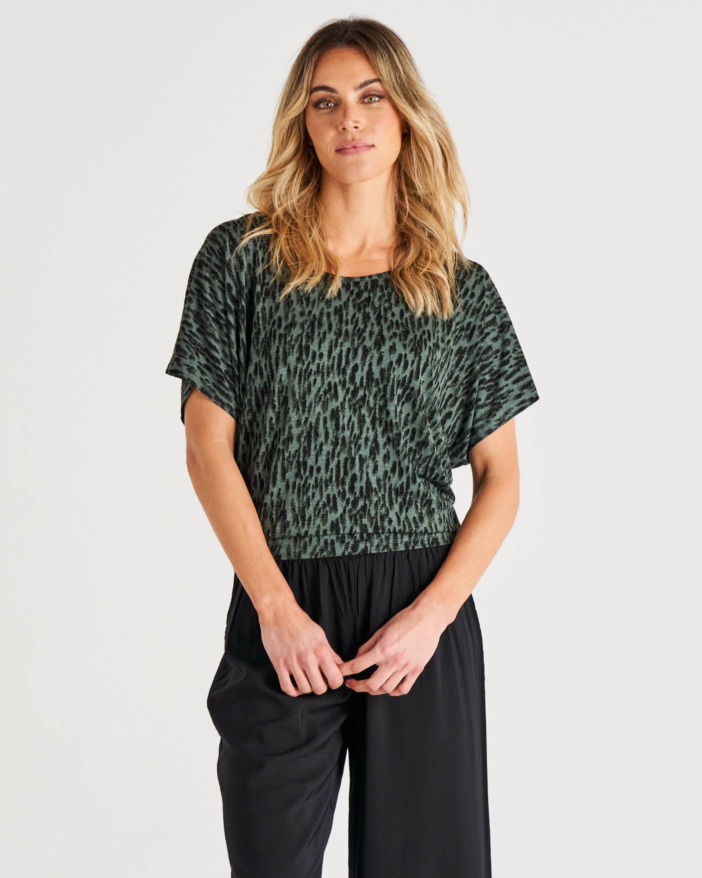 Maui Stretchy Batwing Draped Basic Tee - Abstract Green Print