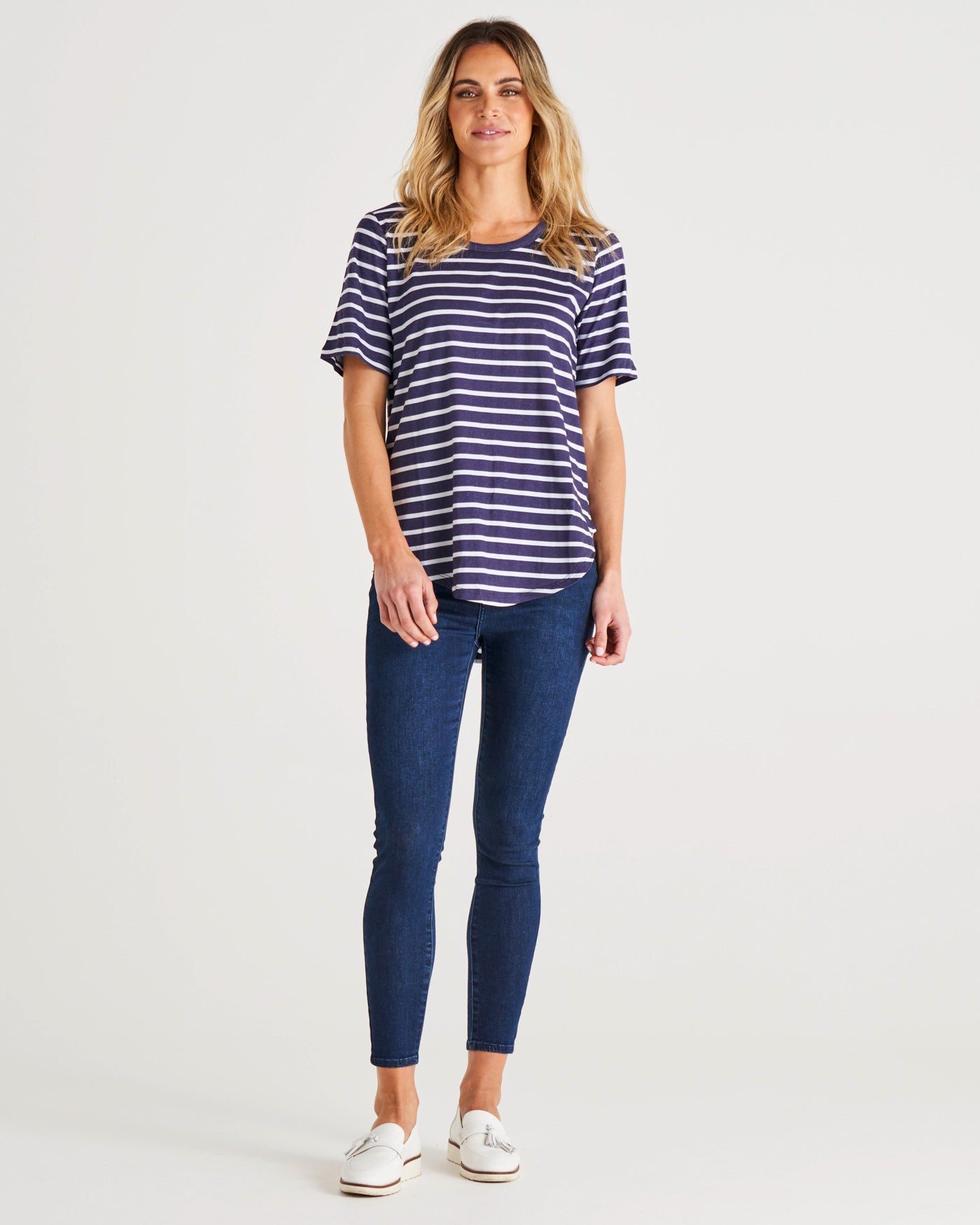 Ariana Scoop Neck Curved Hem Basic Cotton Tee - Dark Blue Stripe