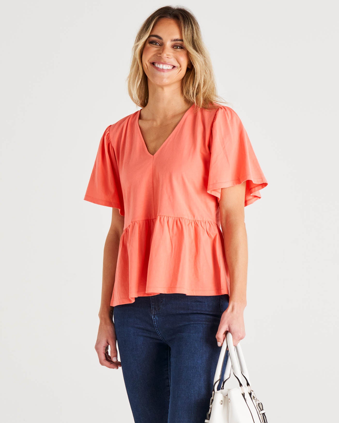 Celia Relaxed Flutter Sleeves Cotton Tee - Coral