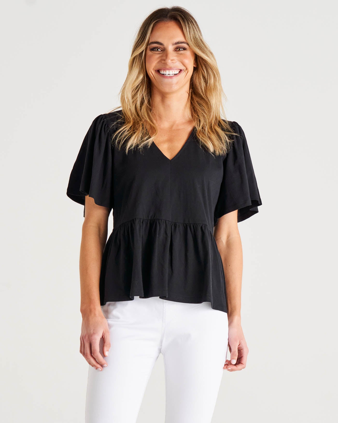 Celia Relaxed Flutter Sleeves Cotton Tee - Black