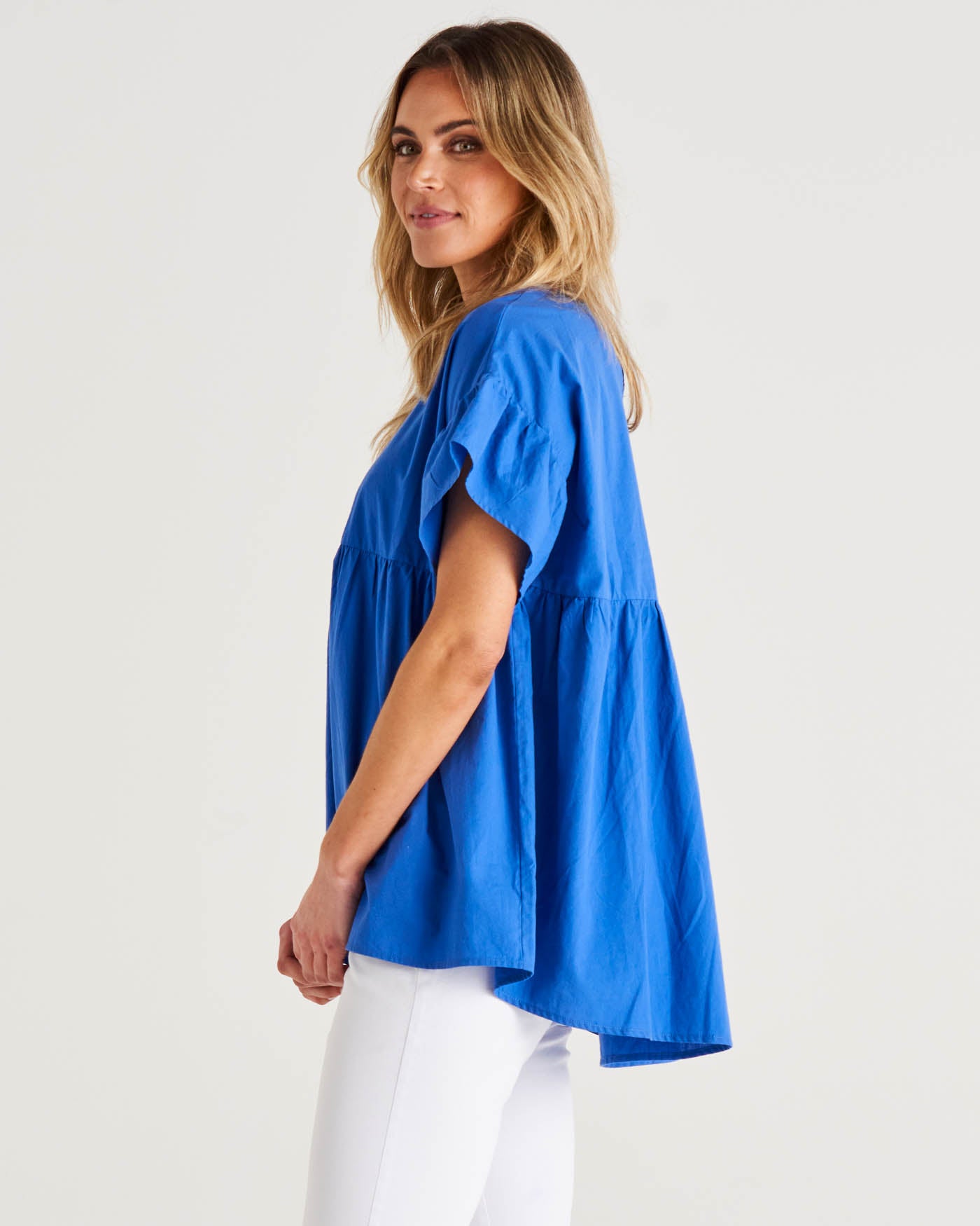 Jameson Relaxed Frill Sleeve Cotton Blouse - Iris Blue