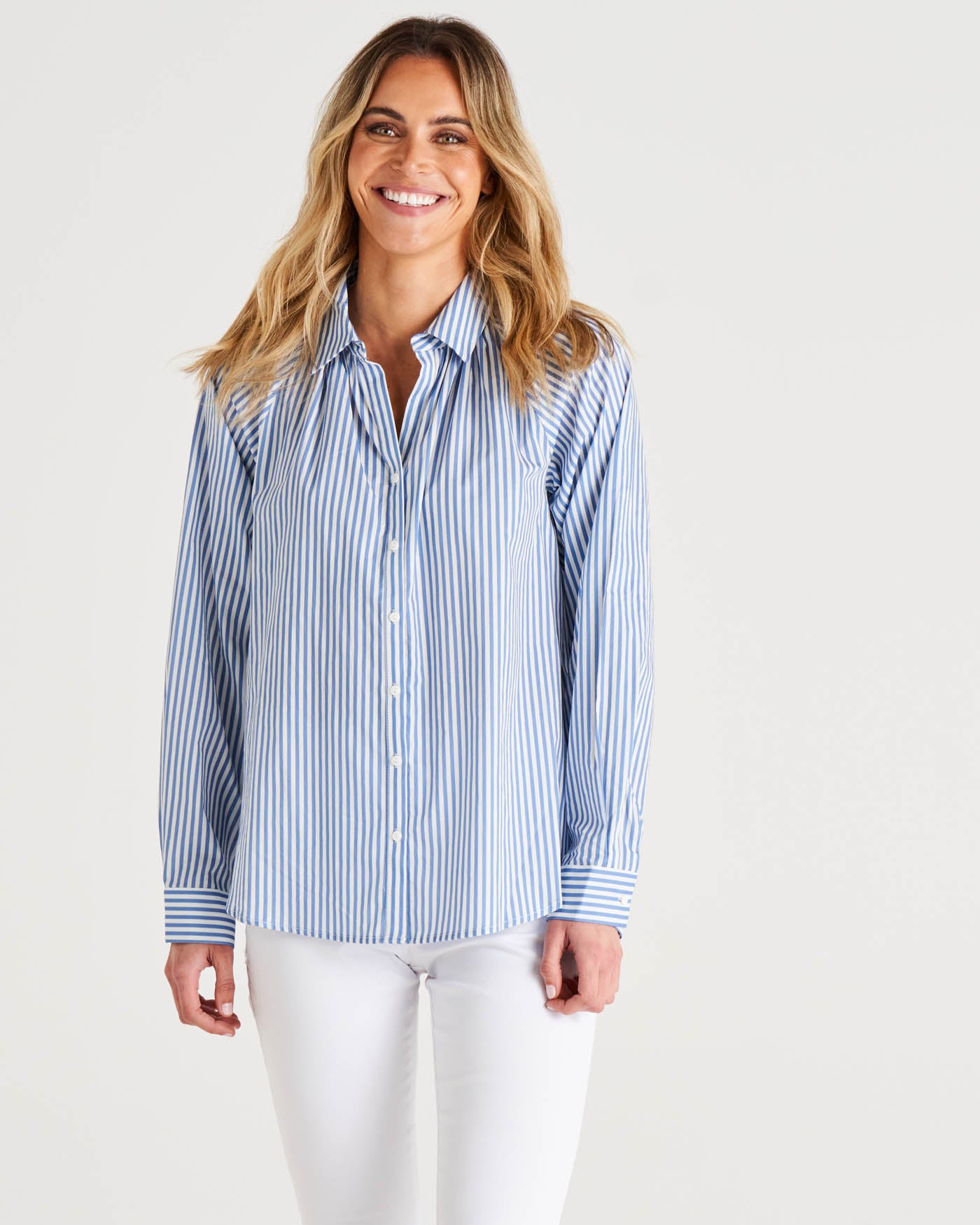 Jackie Relaxed Fit Cotton Button Up Shirt - Iris Blue Stripe