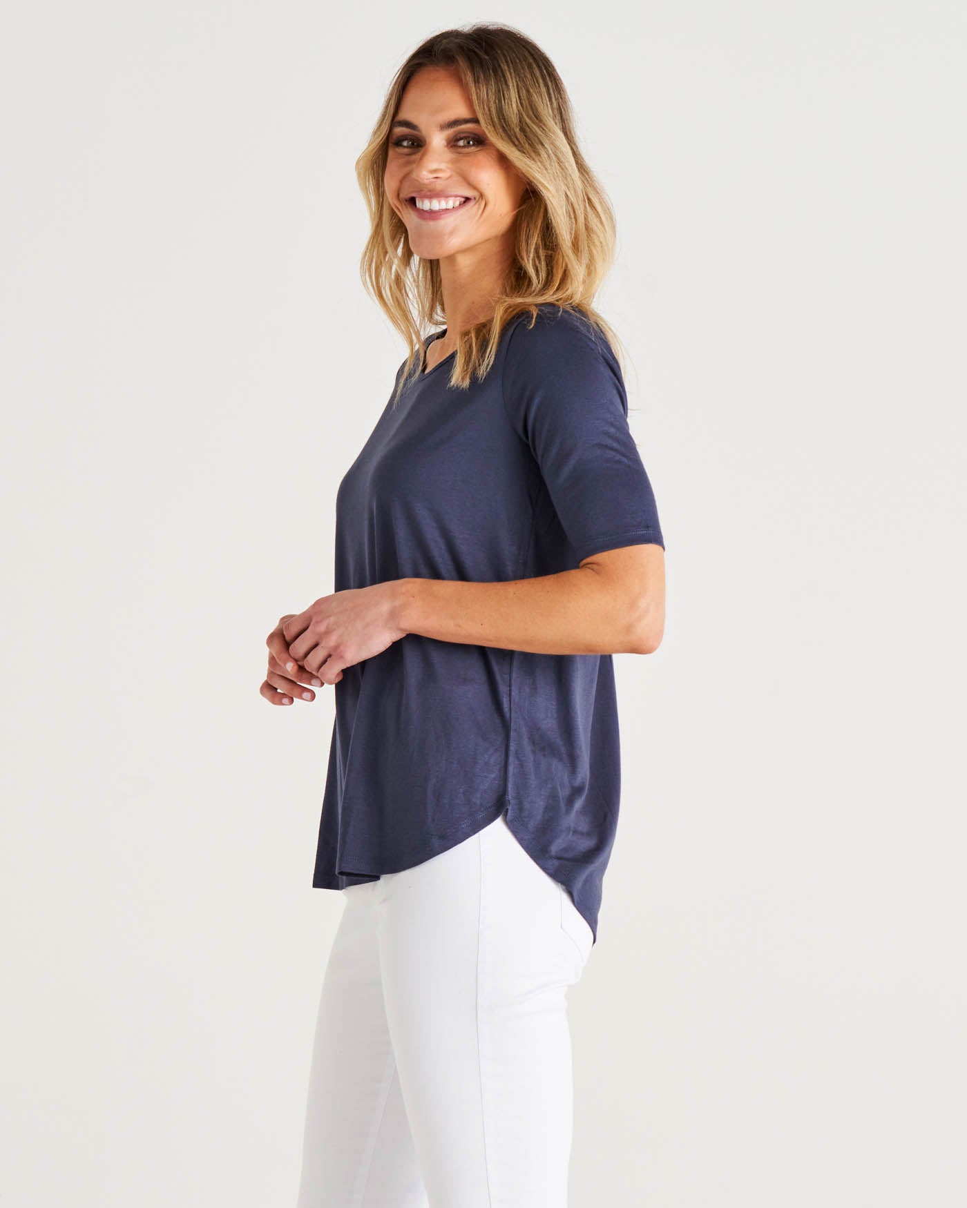 Maya Scoop Neck 1/2 Sleeve Stretchy Basic Tee - Dusty Blue