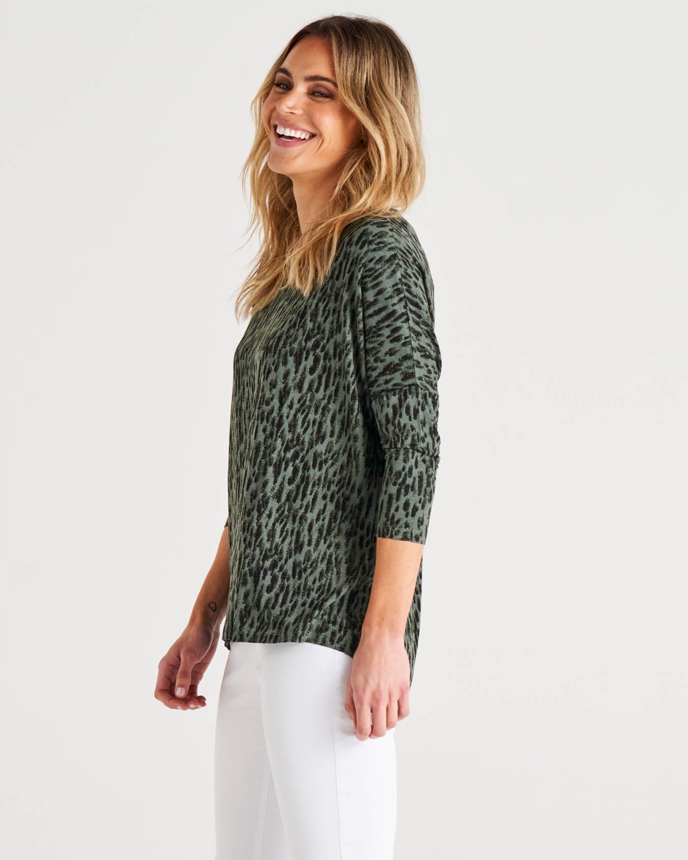 Milan Stretchy Draped Relaxed 3/4 Sleeve  Basic Top - Abstract Green Print