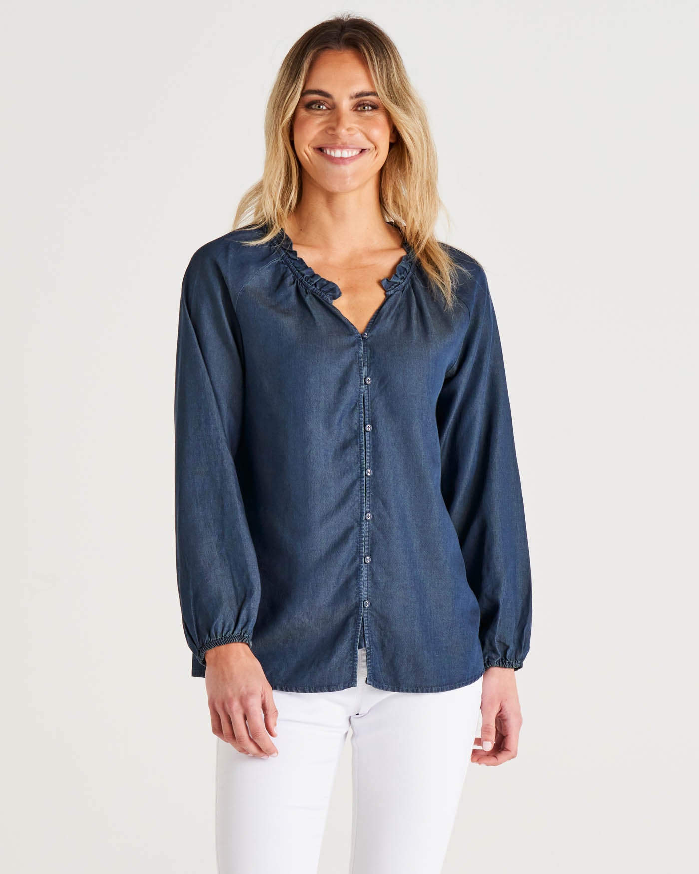 Drew Long Sleeve Button-Up Lyocell Blouse - Dark Blue Denim