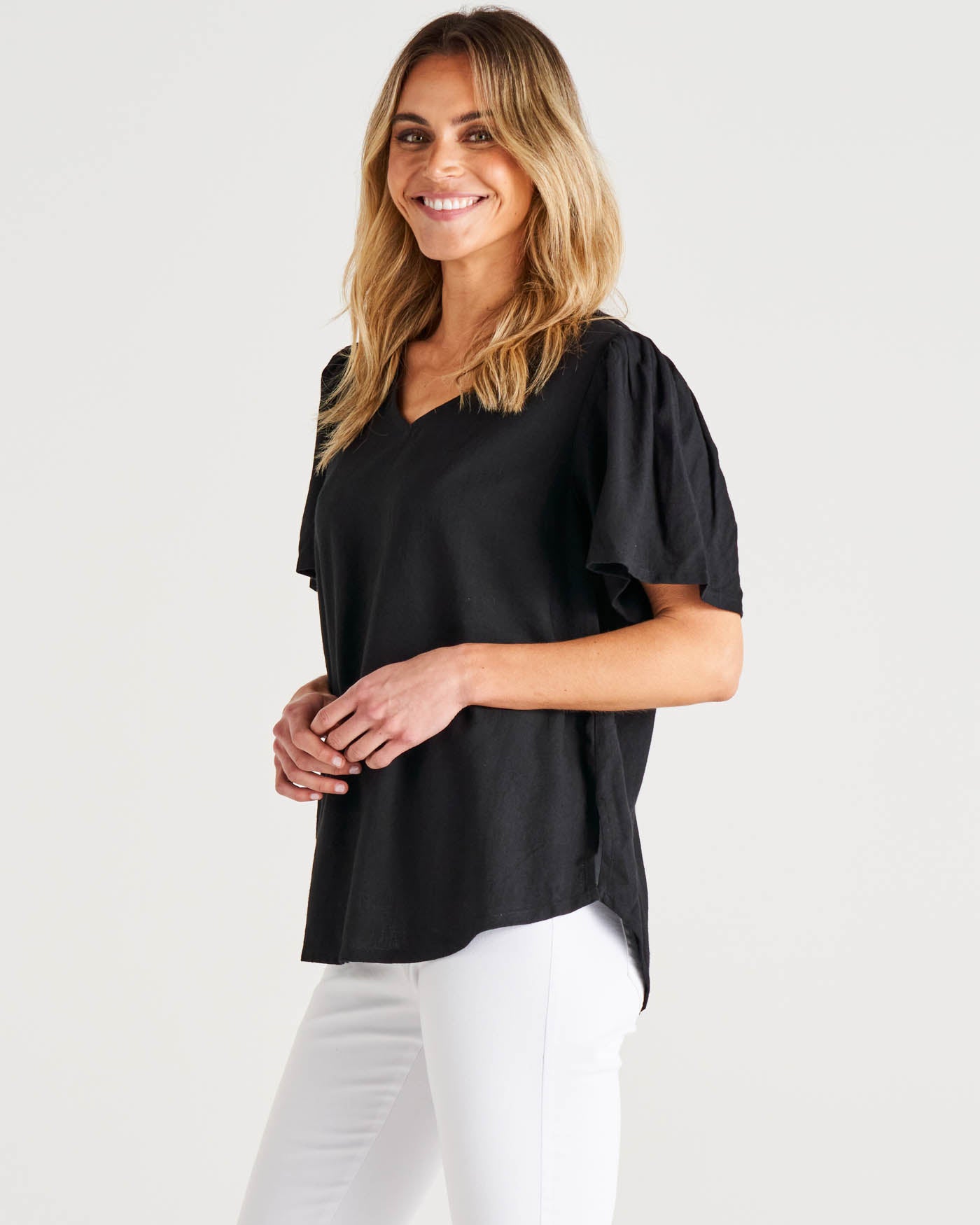 Marina Flutter Sleeve Linen Blouse - Black