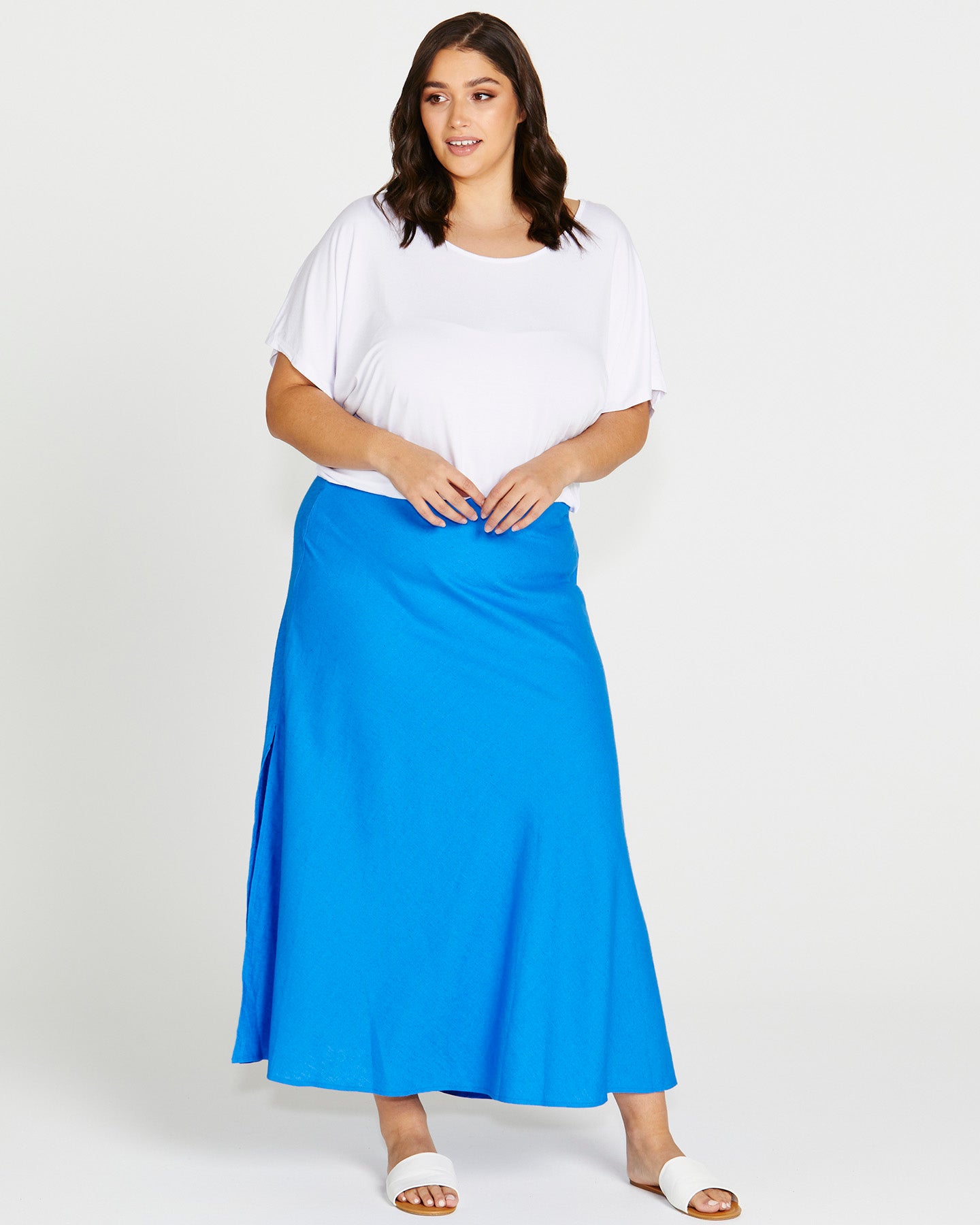 Saffron High Waist Midi Linen-Blend Side Split Skirt - Electric Blue