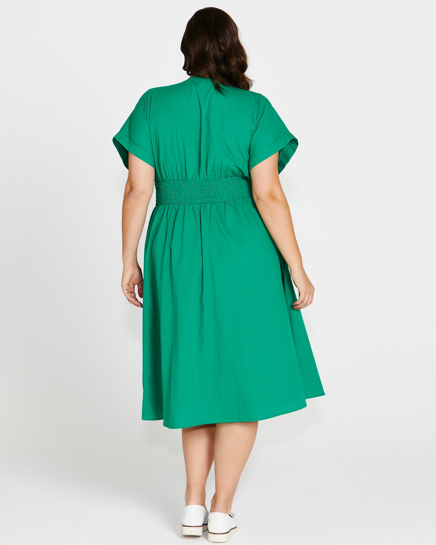 Carrie V-Neck Short Sleeve Shirred Waist Cotton Midi Dress - Holly Green