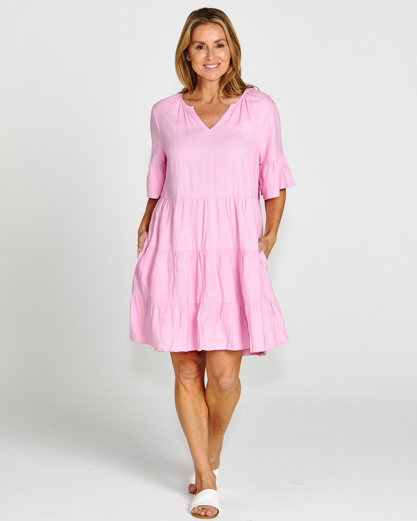 Sally Frill Sleeve Above-Knee Summer Linen-Blend Dress - Prism Pink