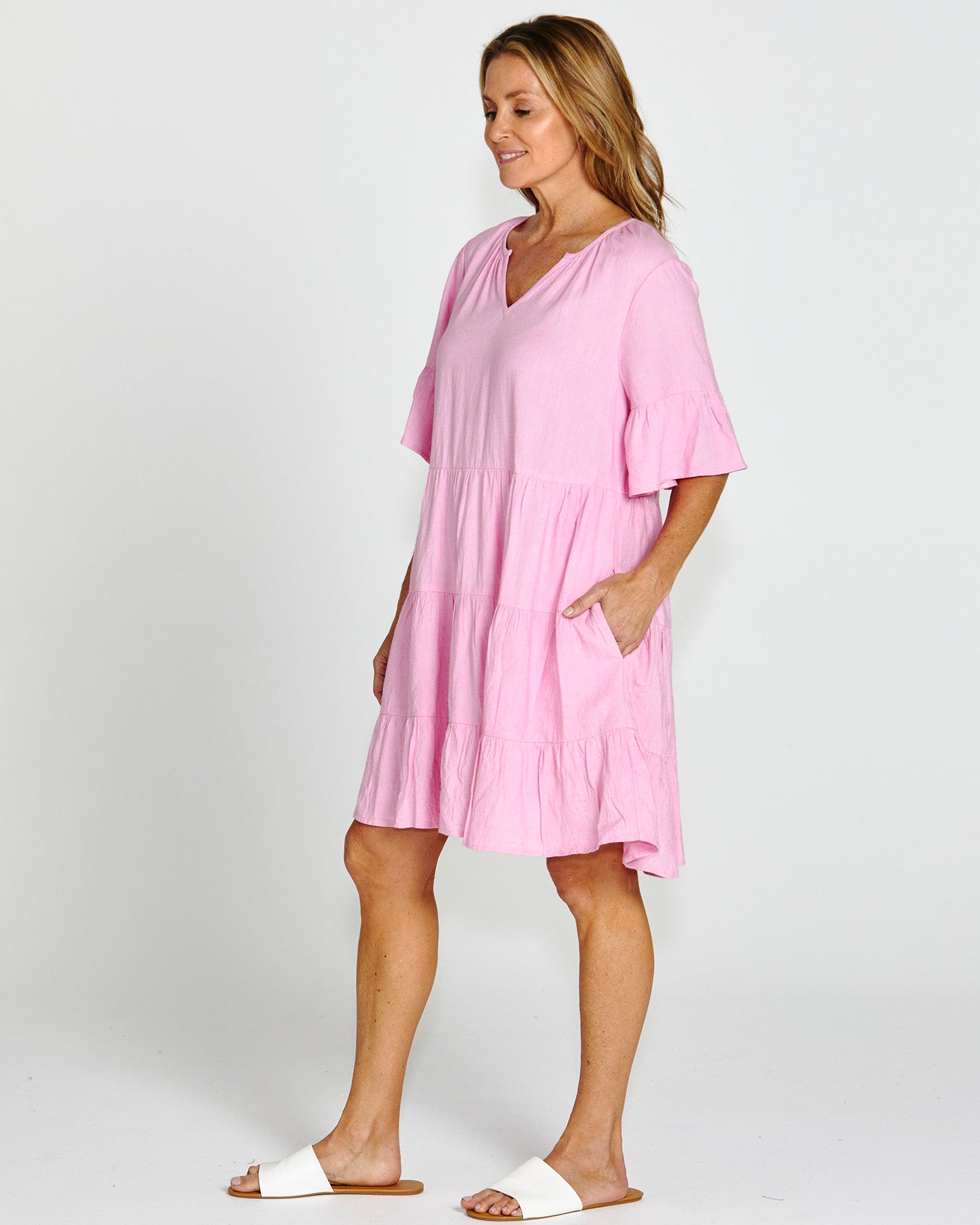 Sally Frill Sleeve Above-Knee Summer Linen-Blend Dress - Prism Pink