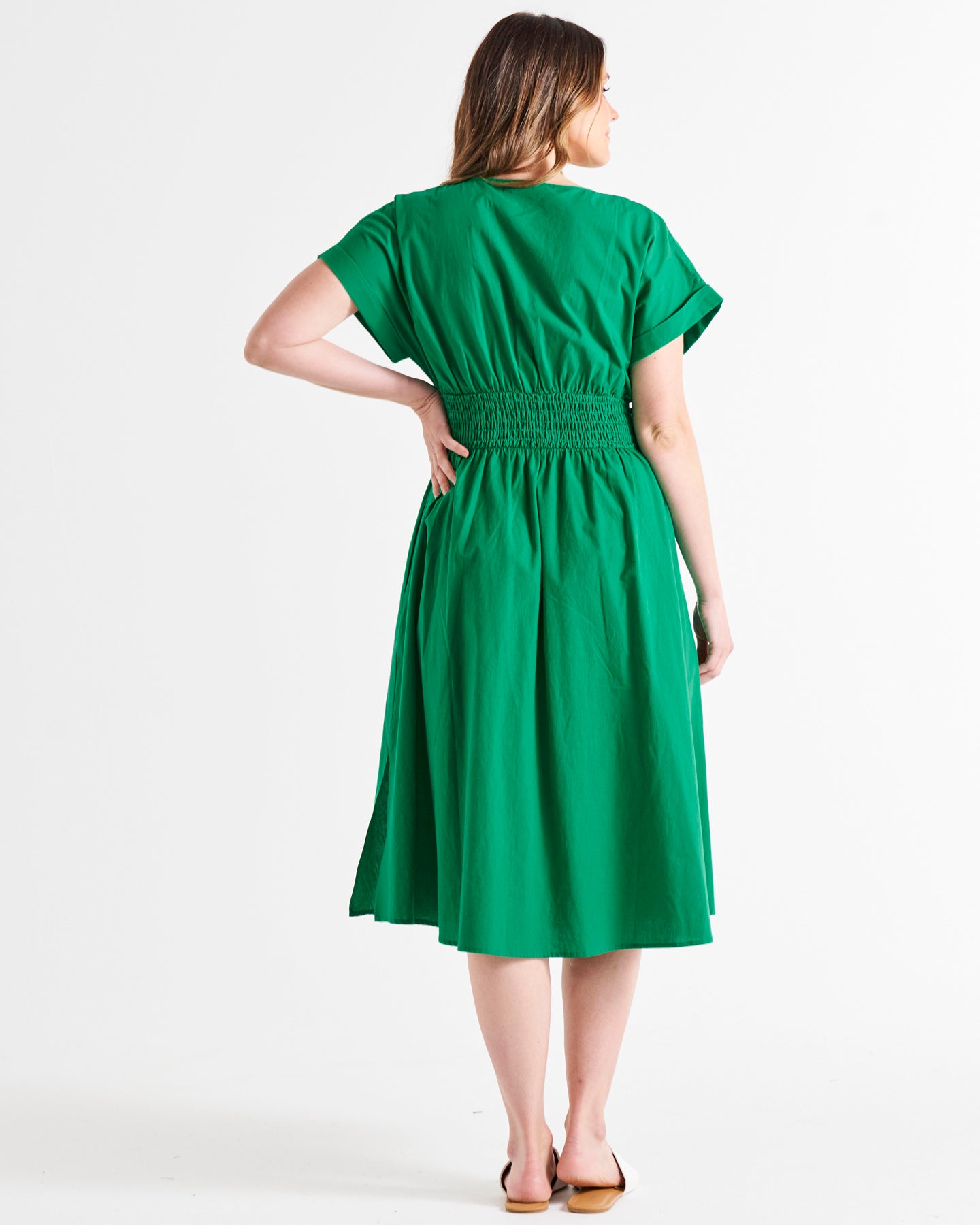 Carrie V-Neck Short Sleeve Shirred Waist Cotton Midi Dress - Holly Green