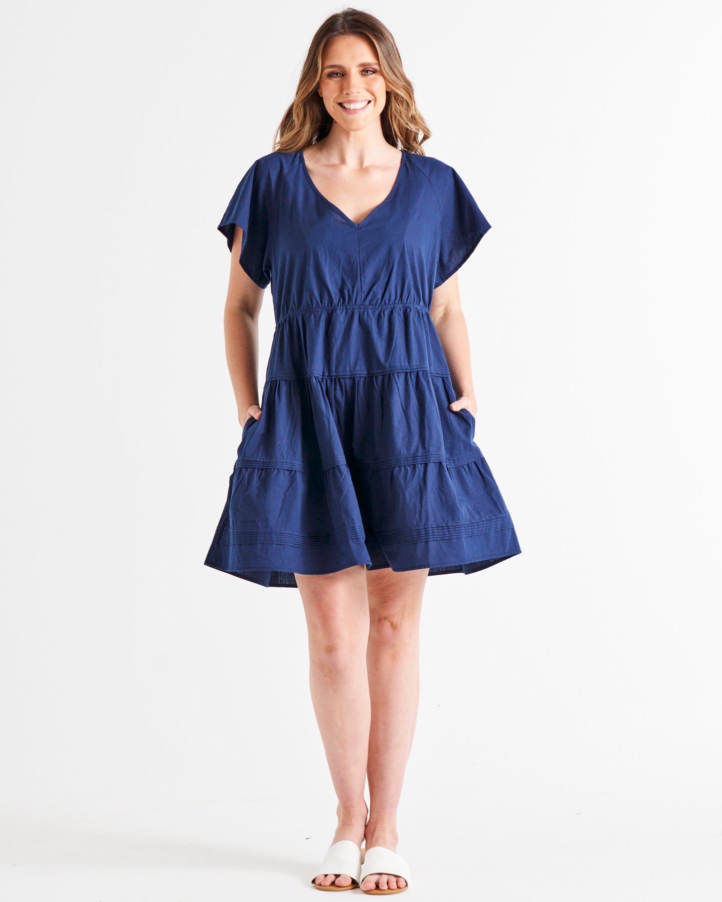 Capulet V-Neck Butterfly Sleeve Tiered Above-Knee Cotton Dress - Navy