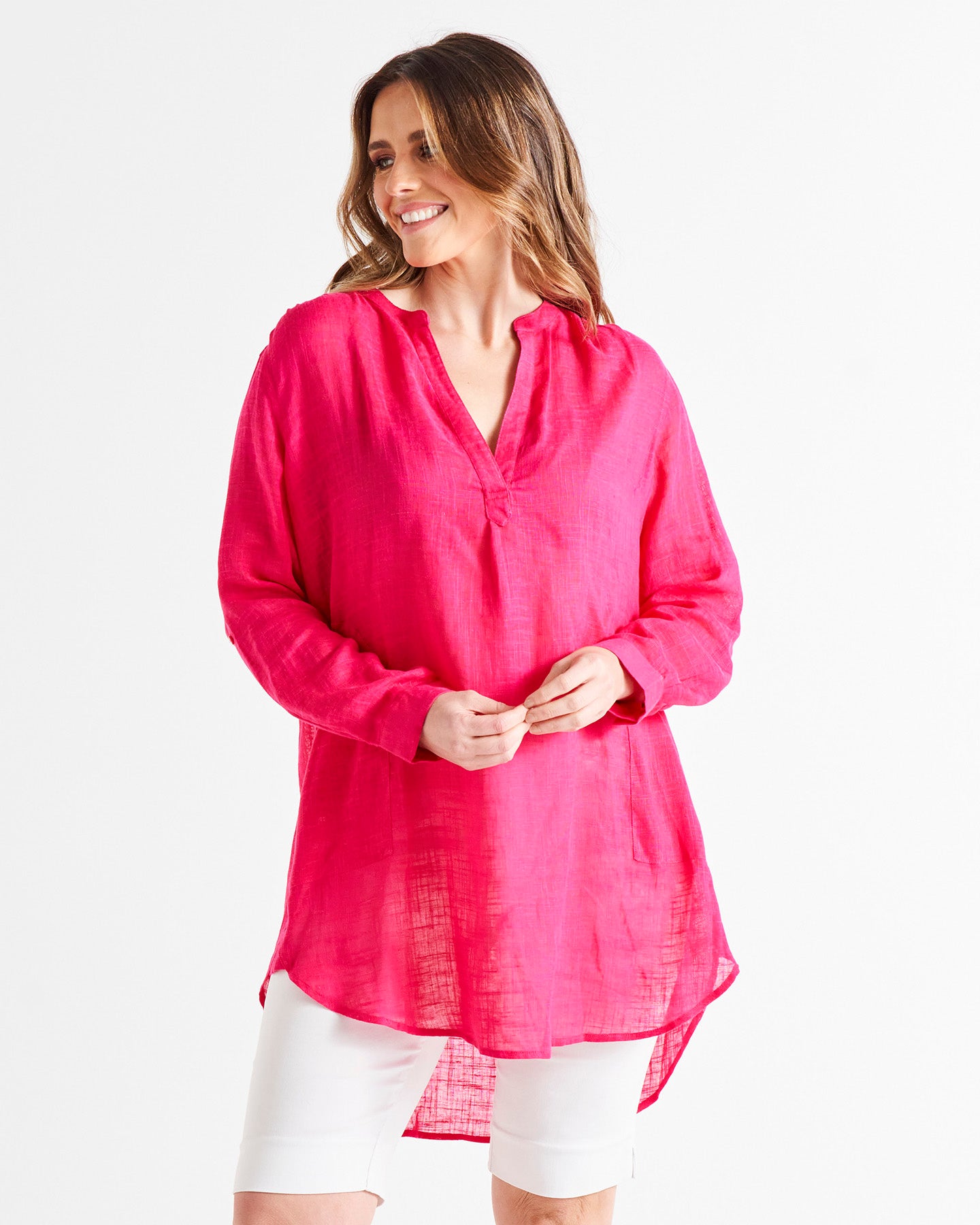 Beach Relaxed Cover-Up Linen-Blend Tunic Shirt - Berrylicious Pink