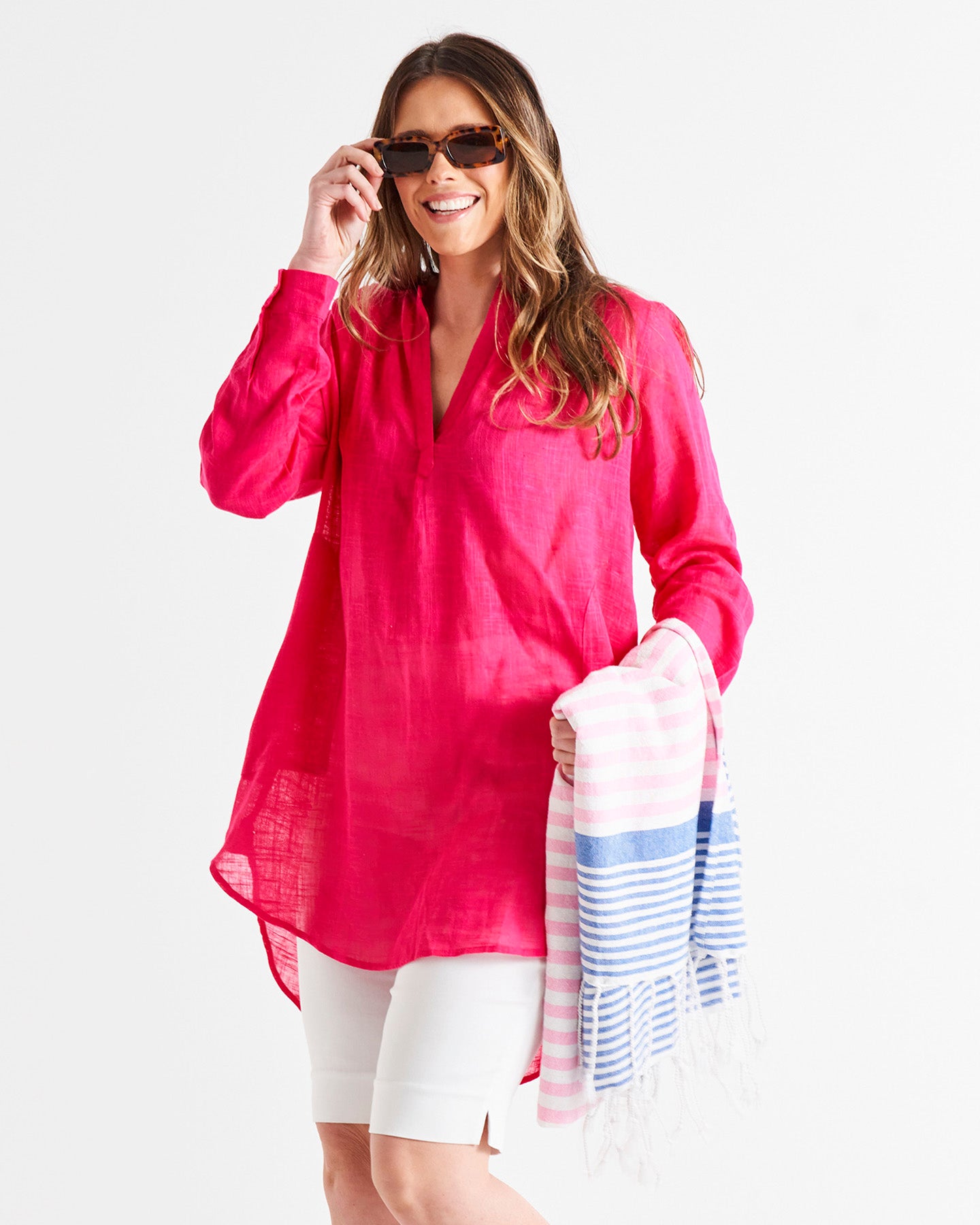 Beach Relaxed Cover-Up Linen-Blend Tunic Shirt - Berrylicious Pink