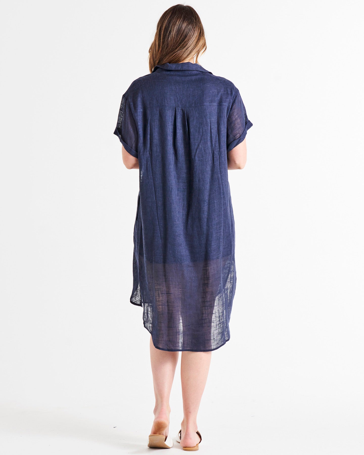 Lani Beach Cover-Up Relaxed Fit Linen Shirt Dress - Navy