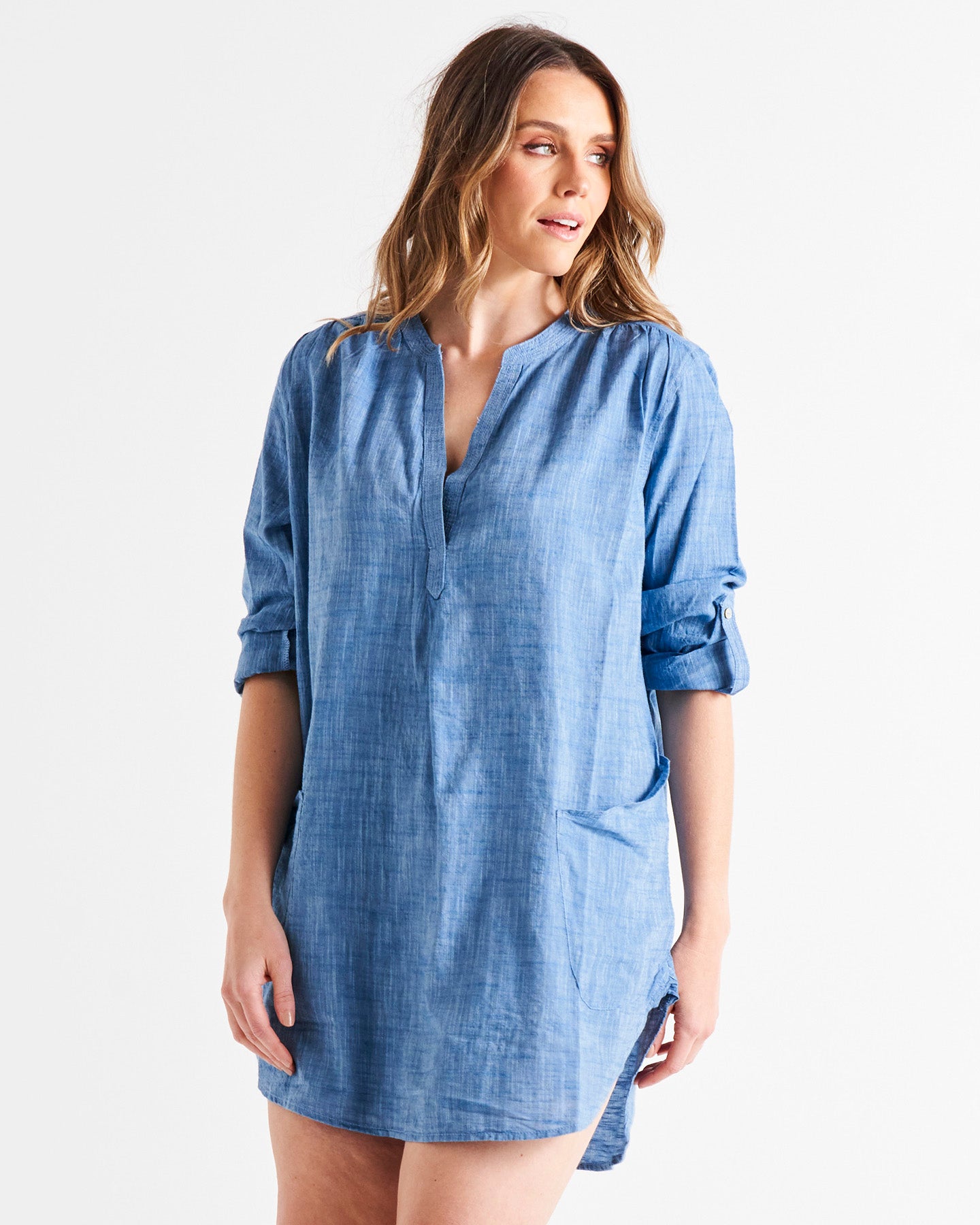 Beach Relaxed Cover-Up Linen-Blend Tunic Shirt - Powder Blue