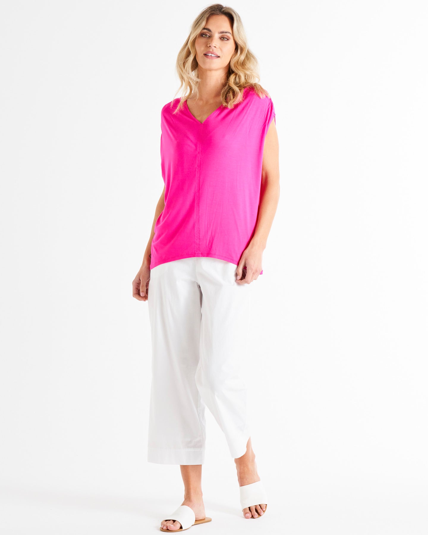 Chelsea Stretchy V-Neck Cap Sleeve Tee - Raspberry Pink