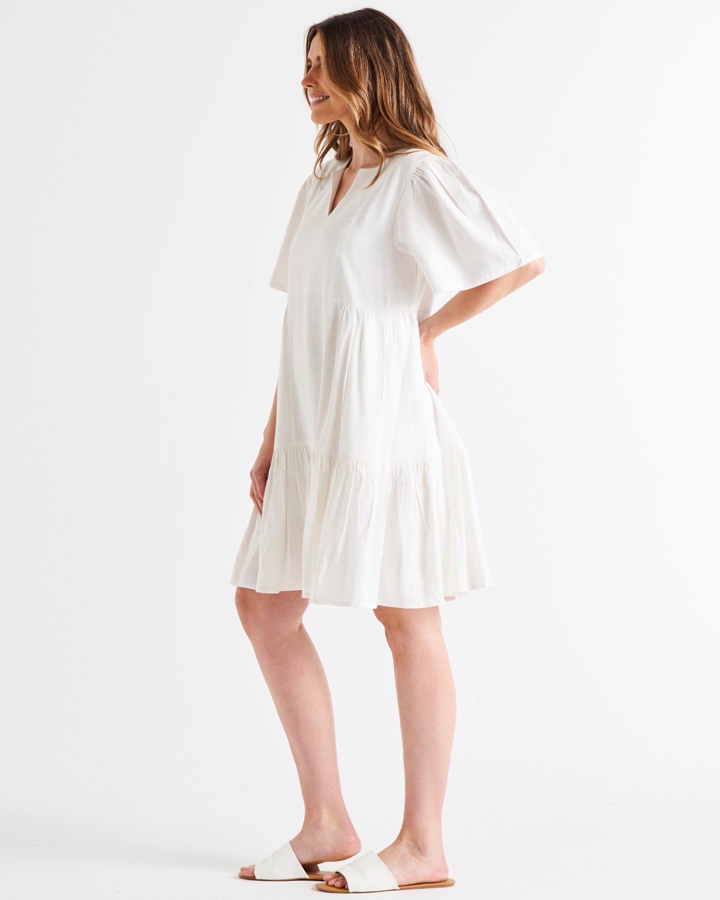 Capulet V-Neck Butterfly Sleeve Tiered Above-Knee Cotton Dress - White