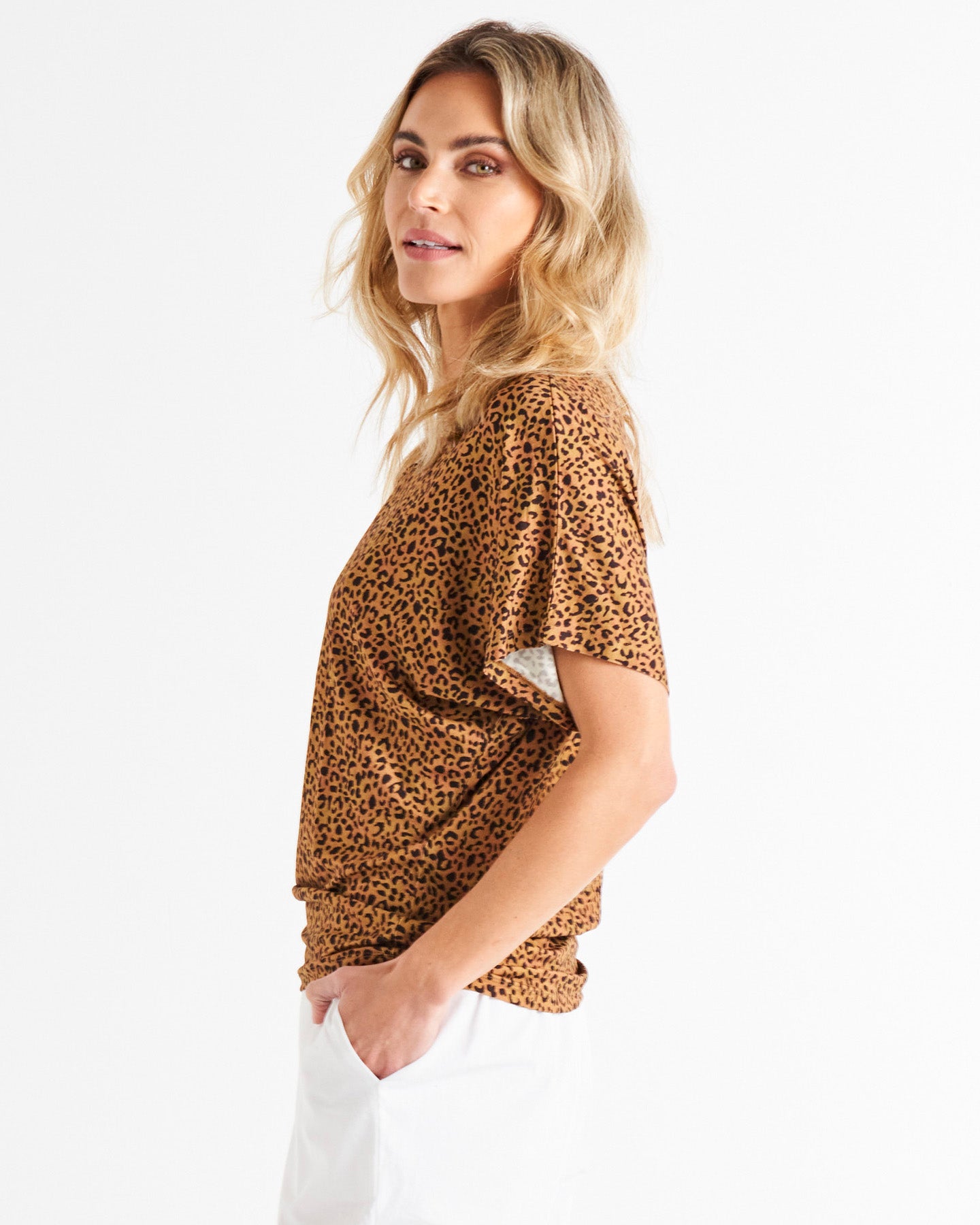 Maui Stretchy Batwing Draped Basic Tee - Wild Leopard Print