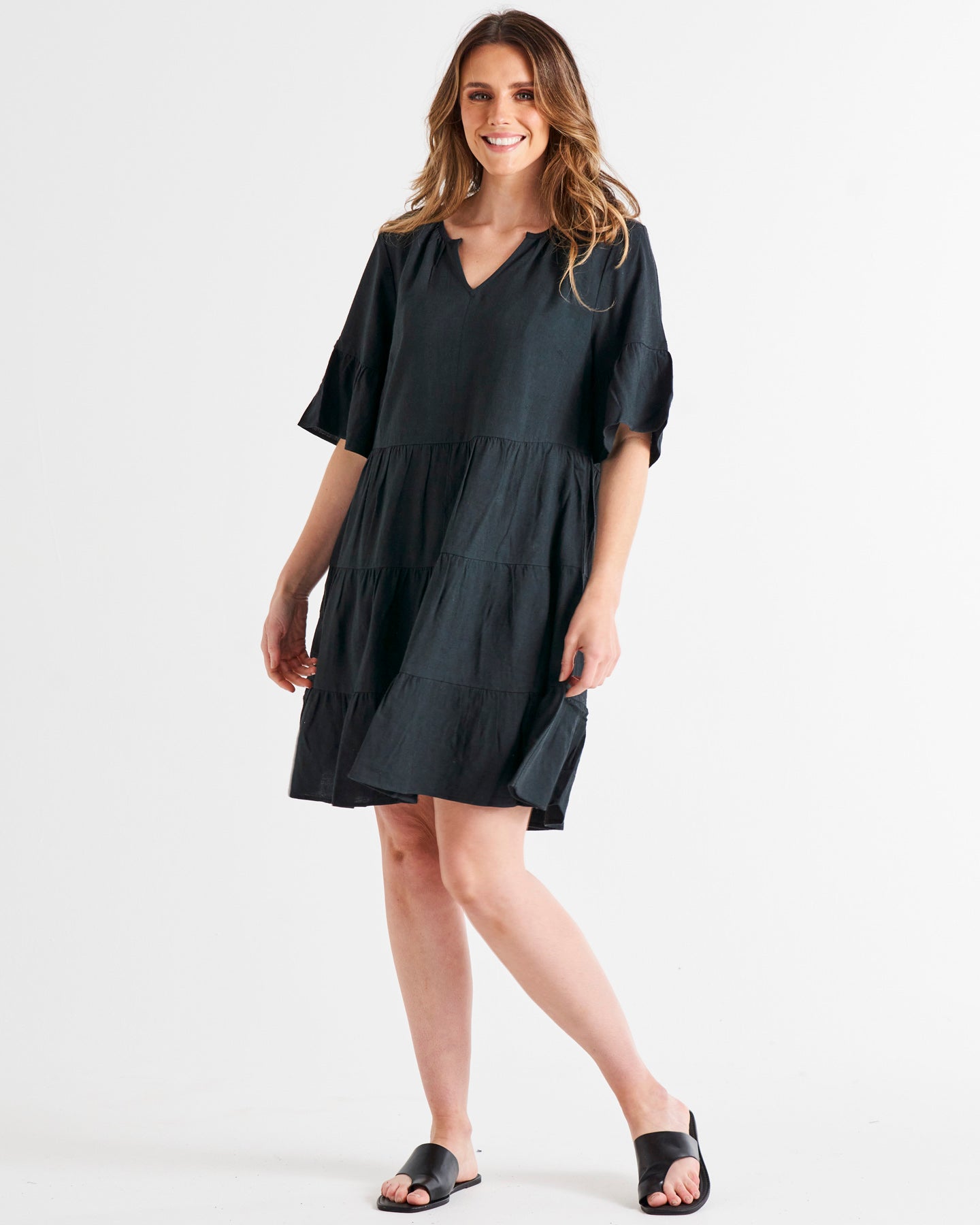 Sally Frill Sleeve Above-Knee Summer Linen-Blend Dress - Coal