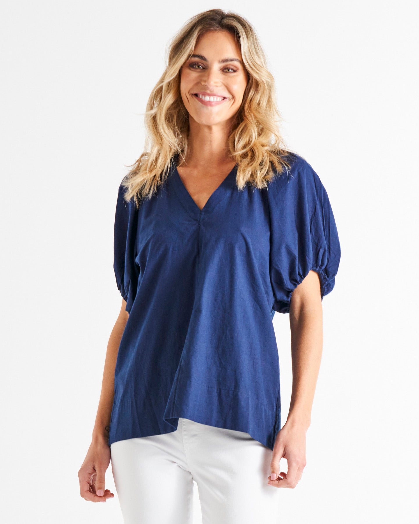 Juliet Puff Sleeve Linen-Blend Blouse - Navy