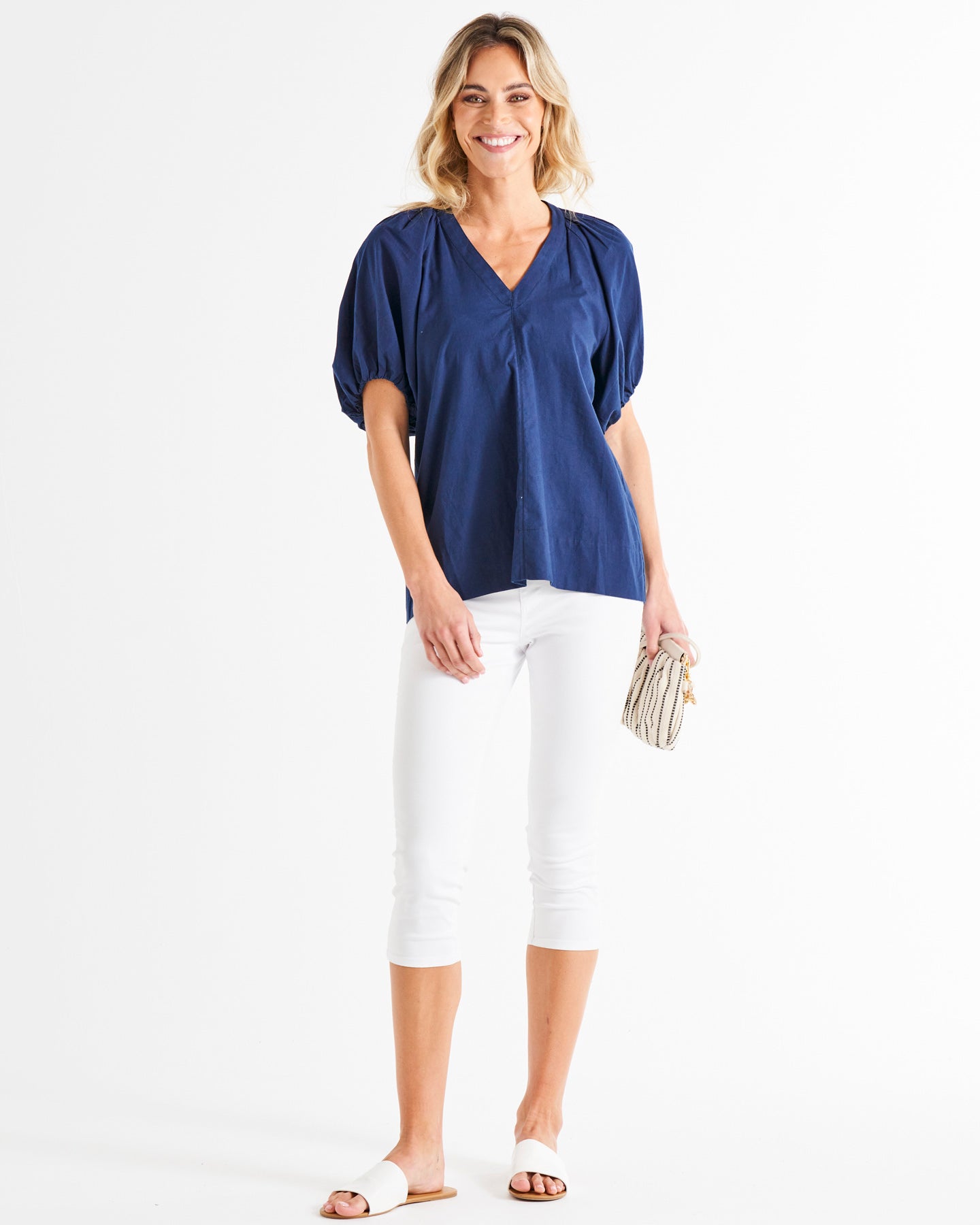 Juliet Puff Sleeve Linen-Blend Blouse - Navy