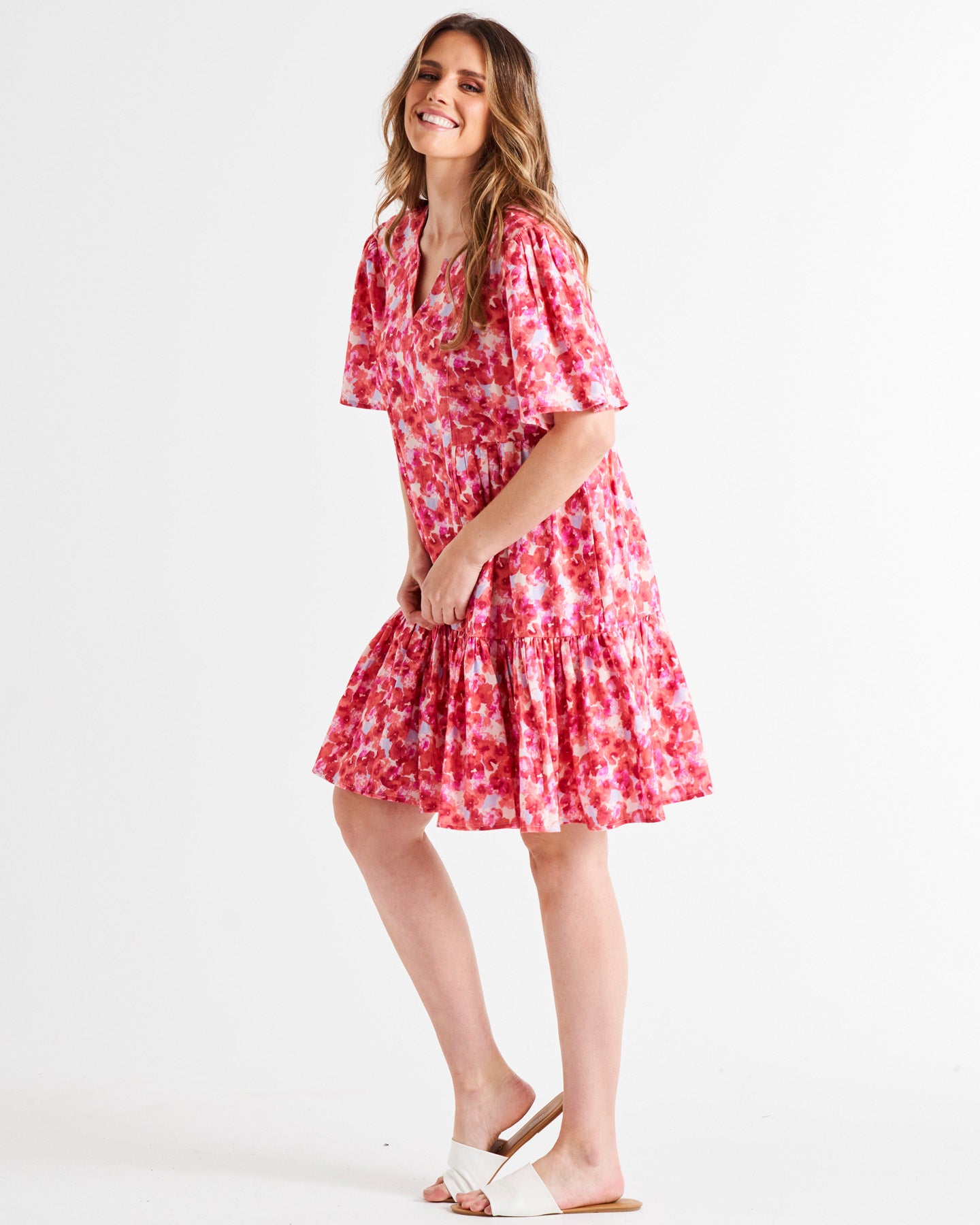 Amara Relaxed Tiered Linen-Blend Above-Knee Dress - Pink/Red Floral Print