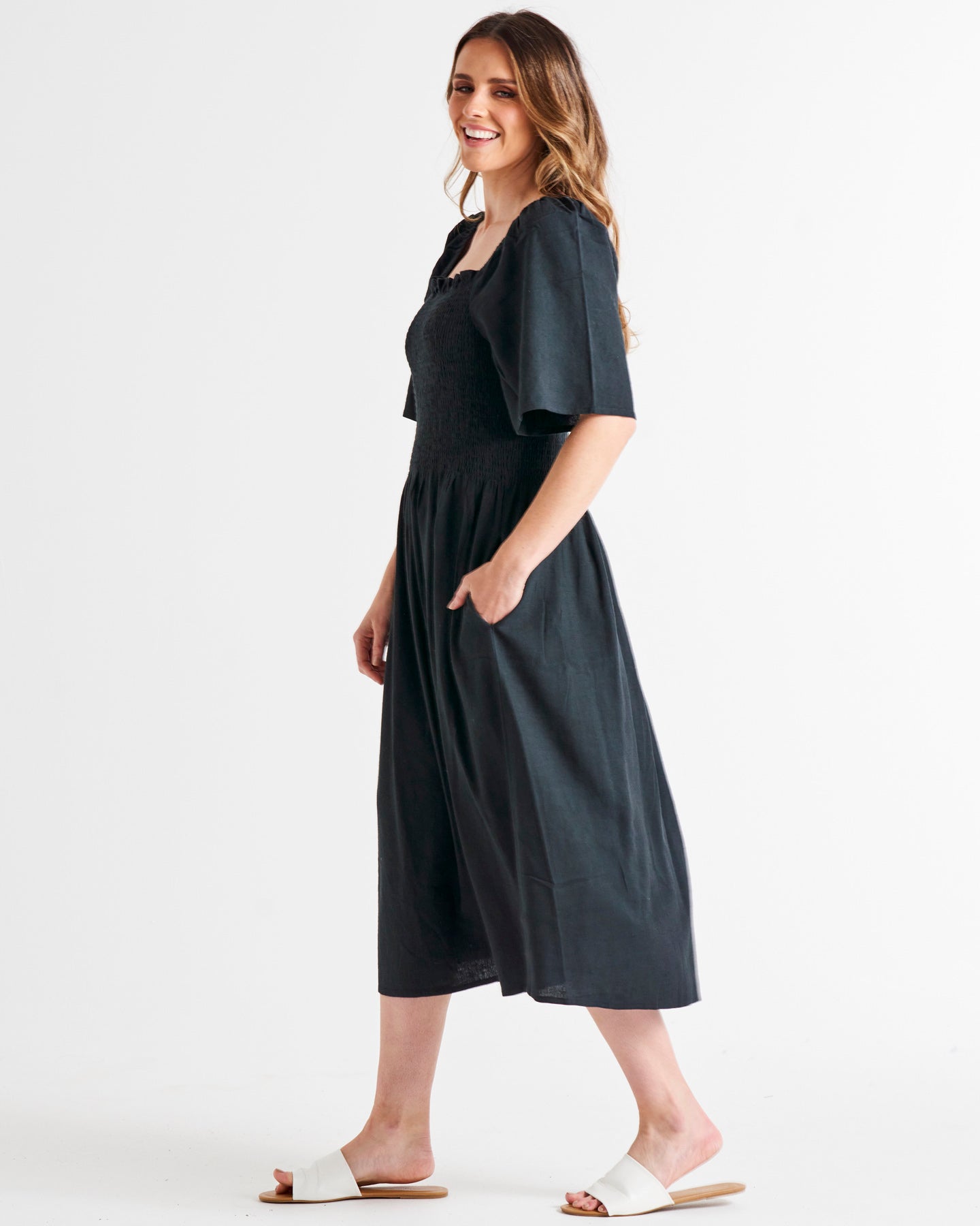 Ingrid Off Shoulder Shirred Bodice Linen-Blend Midi Dress - Coal