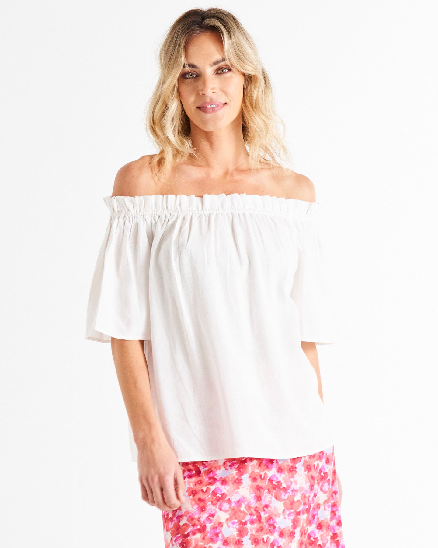 Jessica Off Shoulder Short Flutter Sleeve Linen-Blend Top - White